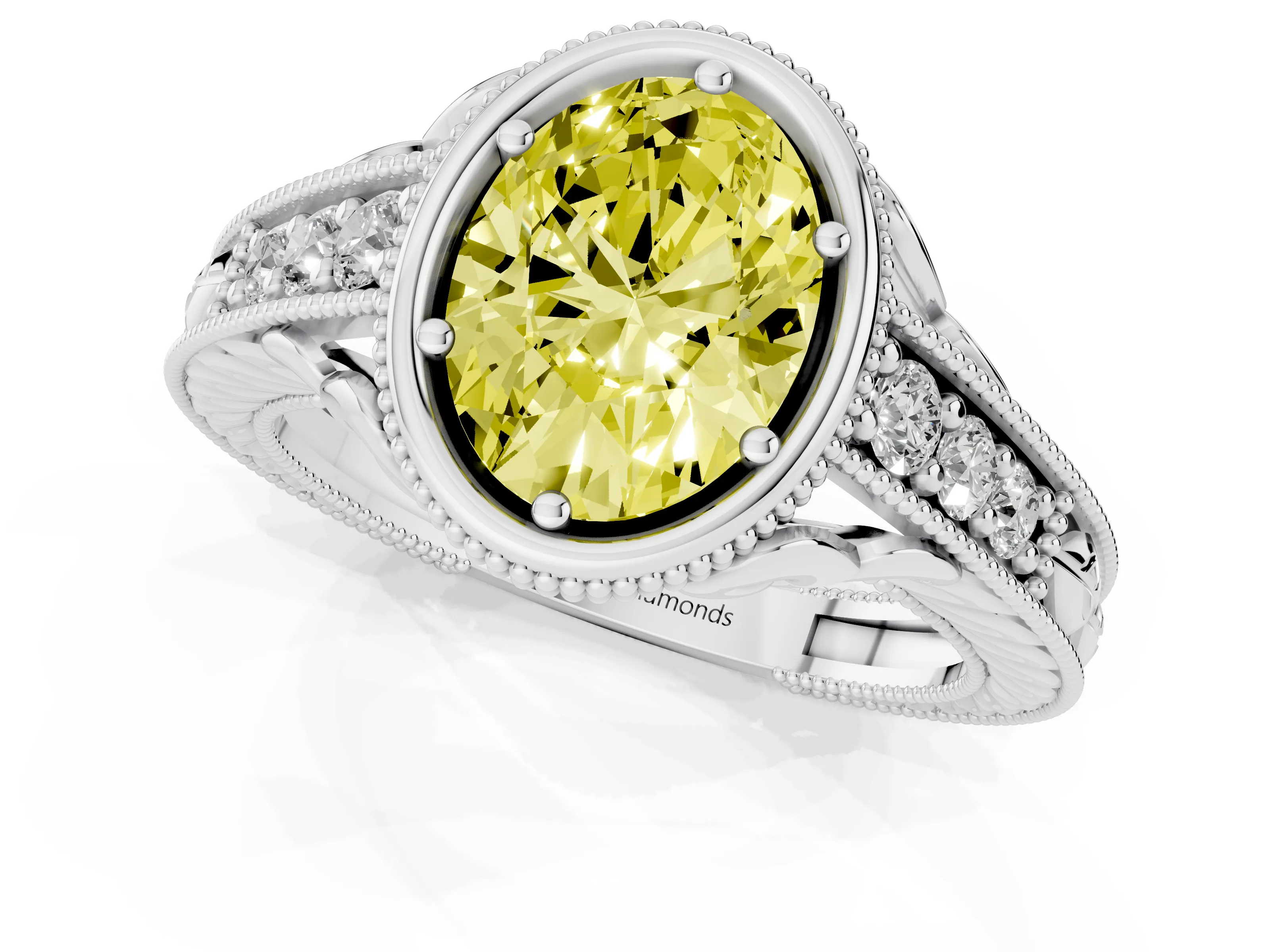 Fancy Yellow Bezel Set Oval Cut Diamond Milgrain Pavé Engagement Ring Set in Silver