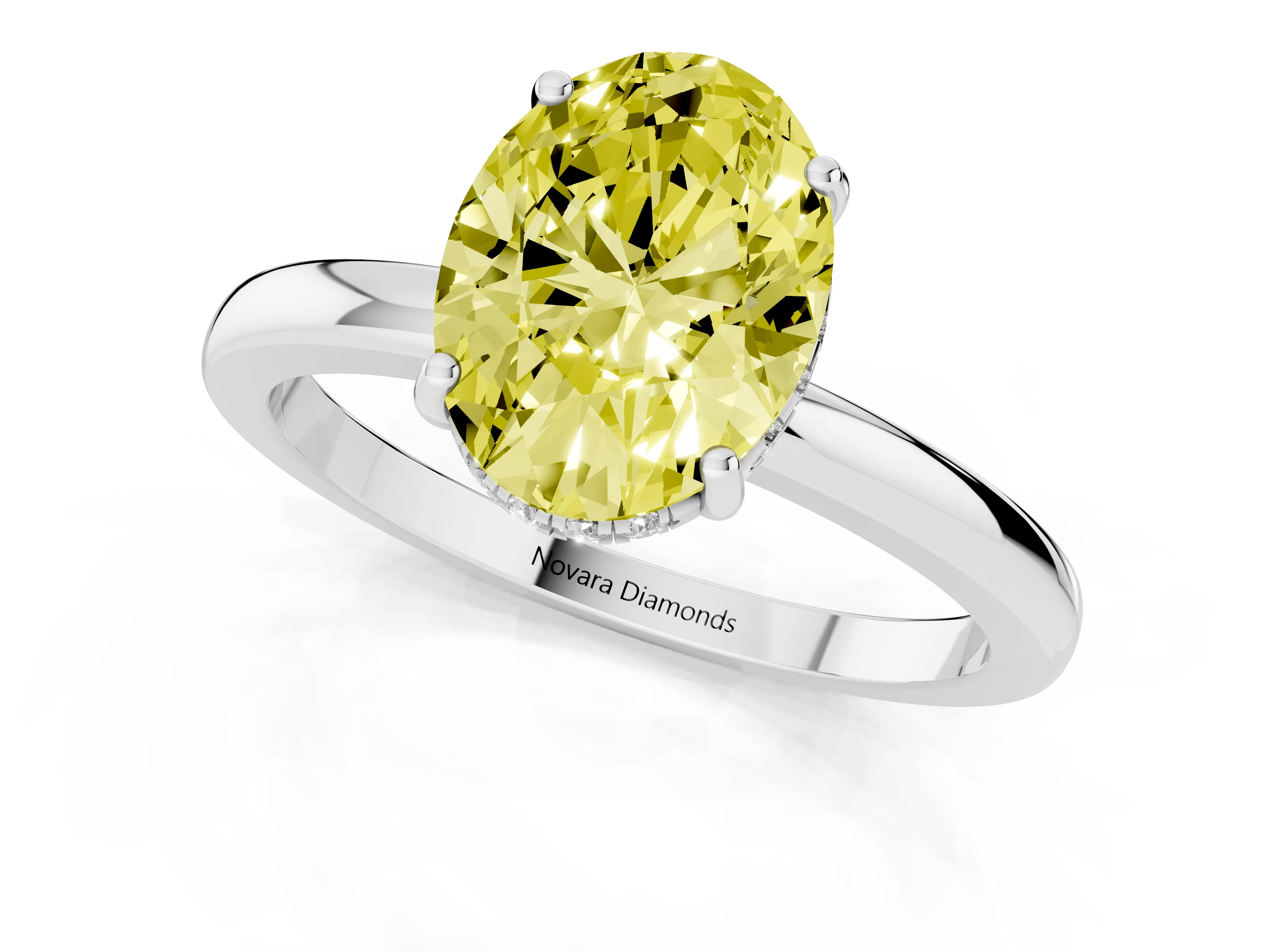 Fancy Yellow Oval Cut Diamond Solitaire Ring Set in Silver with Plain Band and Prong Setting