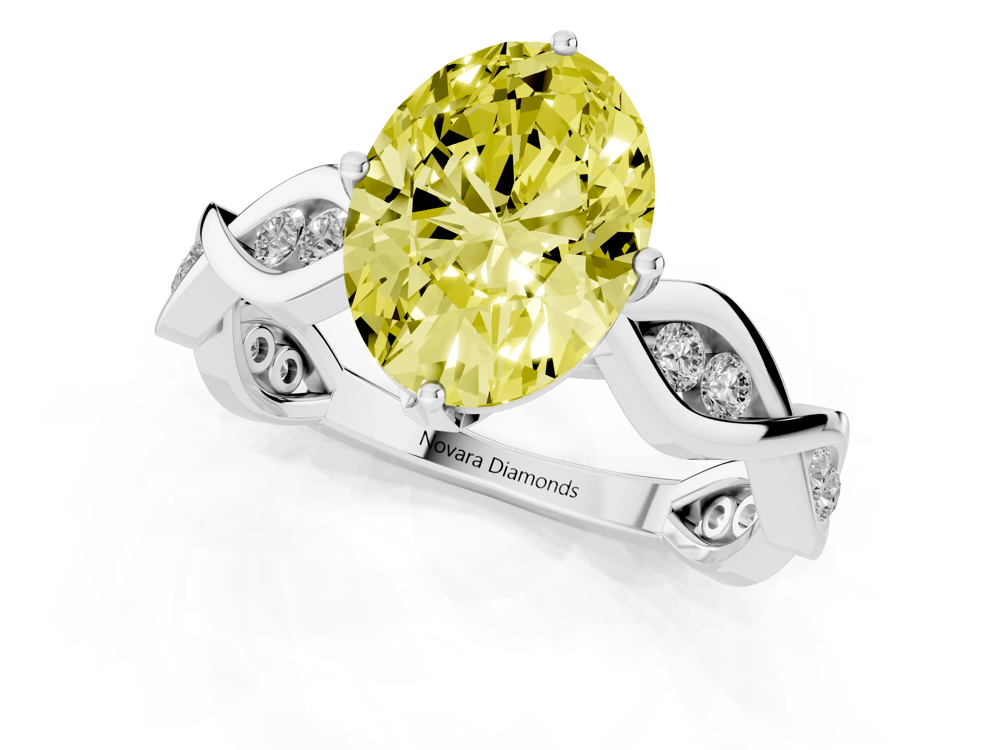 Fancy Yellow Oval Cut Diamond Twist Band Solitaire Ring Set in Platinum with Leaf Prong Setting and Accent Stones