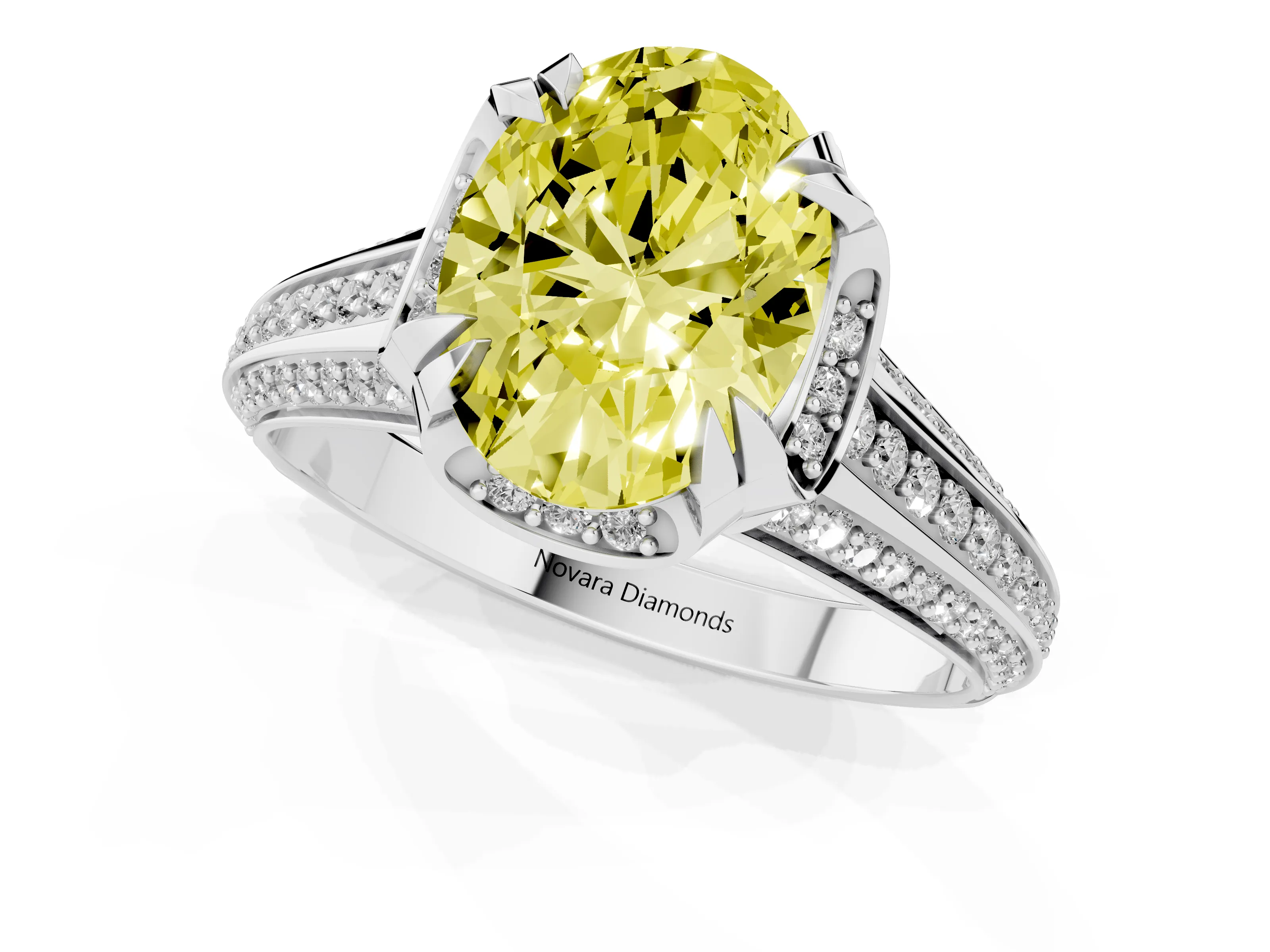 Fancy Yellow Oval Cut Diamond Pavé Split Shank Solitaire Ring Set in Silver with Prong Setting