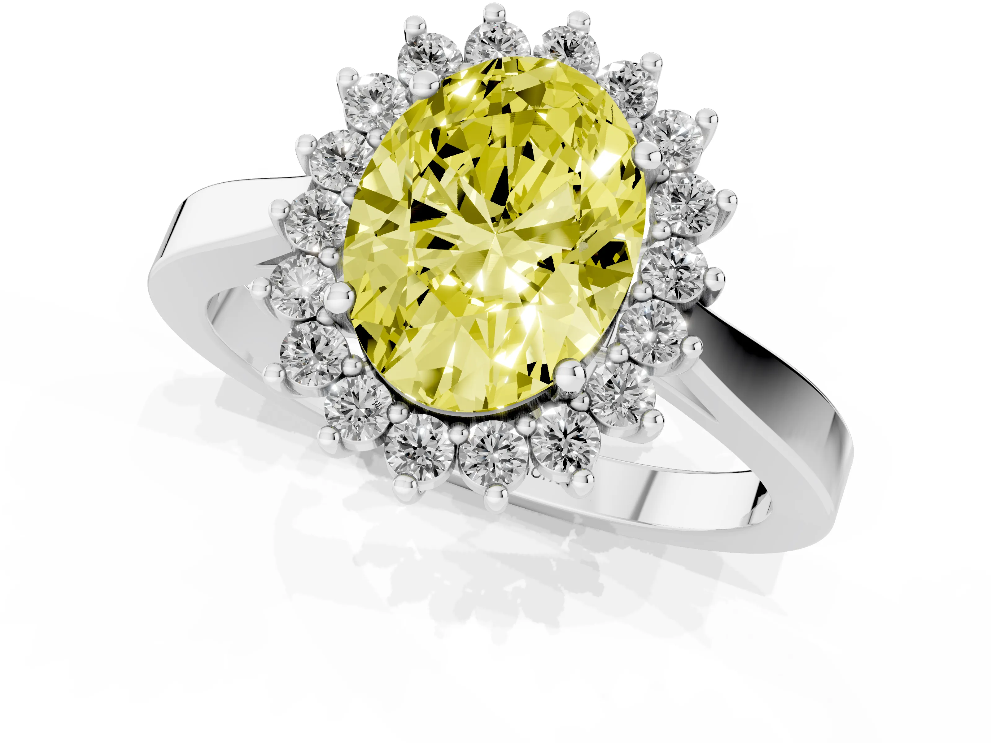 Fancy Yellow Oval Cut Diamond Halo Ring Set in White gold with Round Halo and Smooth Solitaire Band