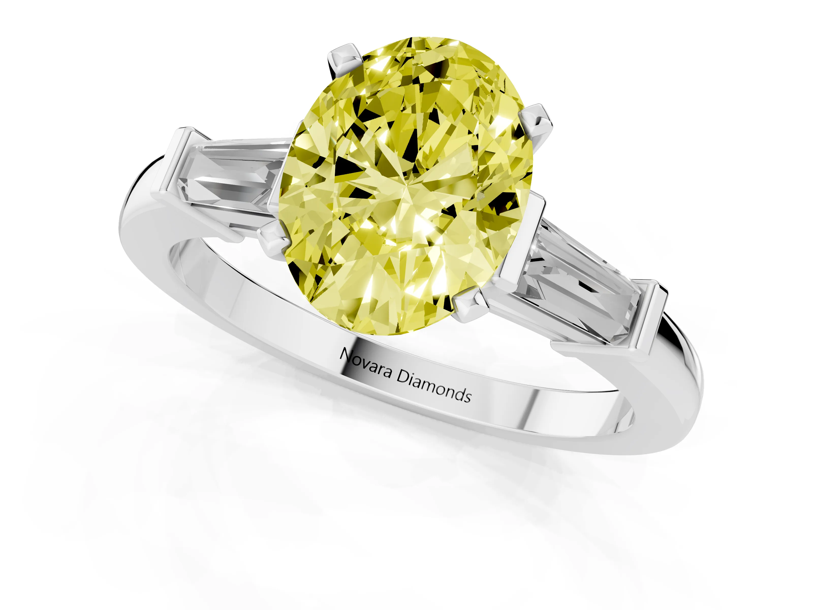 Fancy Yellow Oval Cut Diamond Solitaire Ring Set in White gold with Tapered Baguette Accents and Prong Setting
