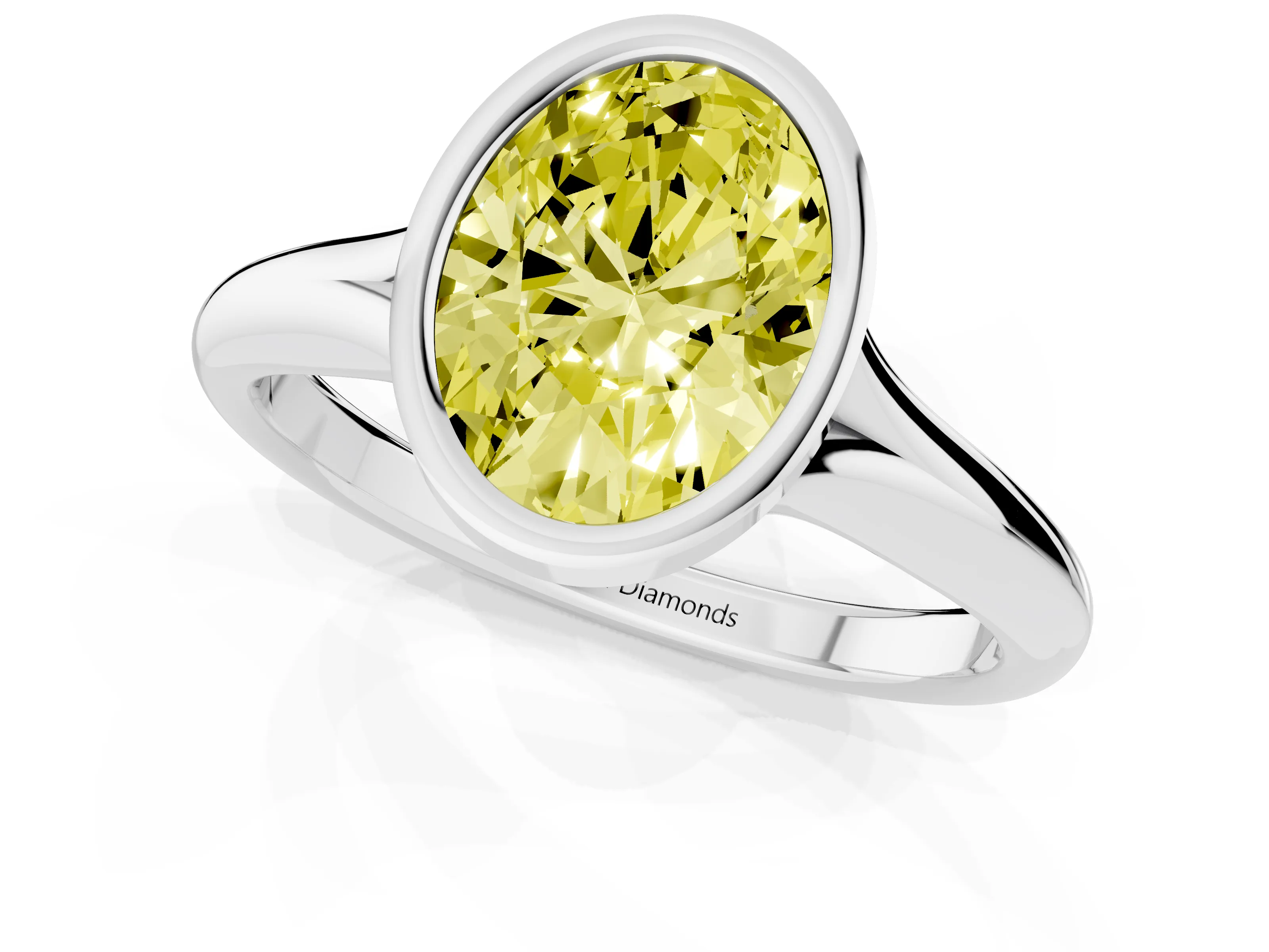 Fancy Yellow Bezel Set Oval Cut Diamond Solitaire Ring Set in White gold with Smooth Band