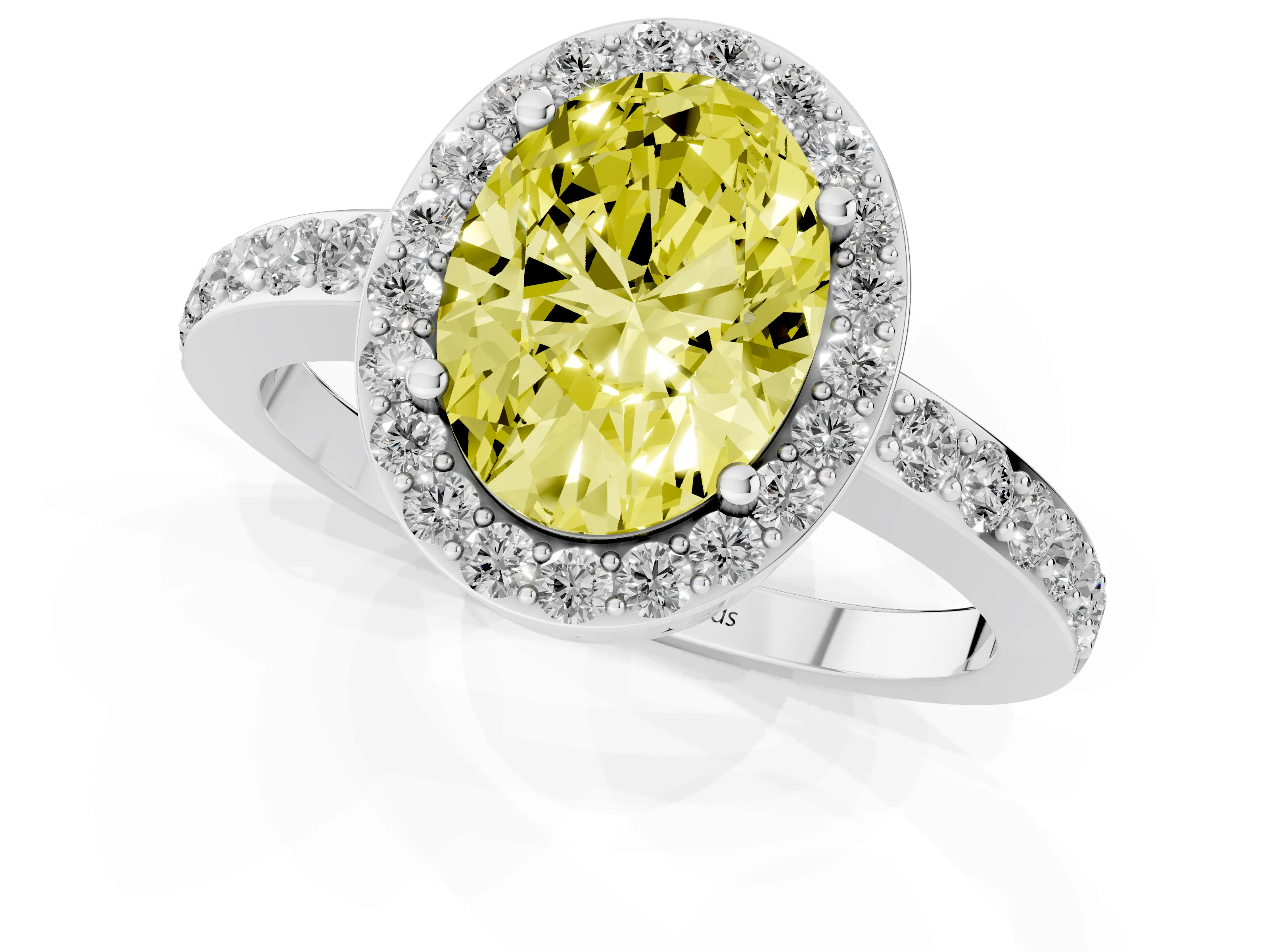 Fancy Yellow Oval Cut Diamond Halo Ring Set in White gold with Pavé-Setting Band and Open Prong Center