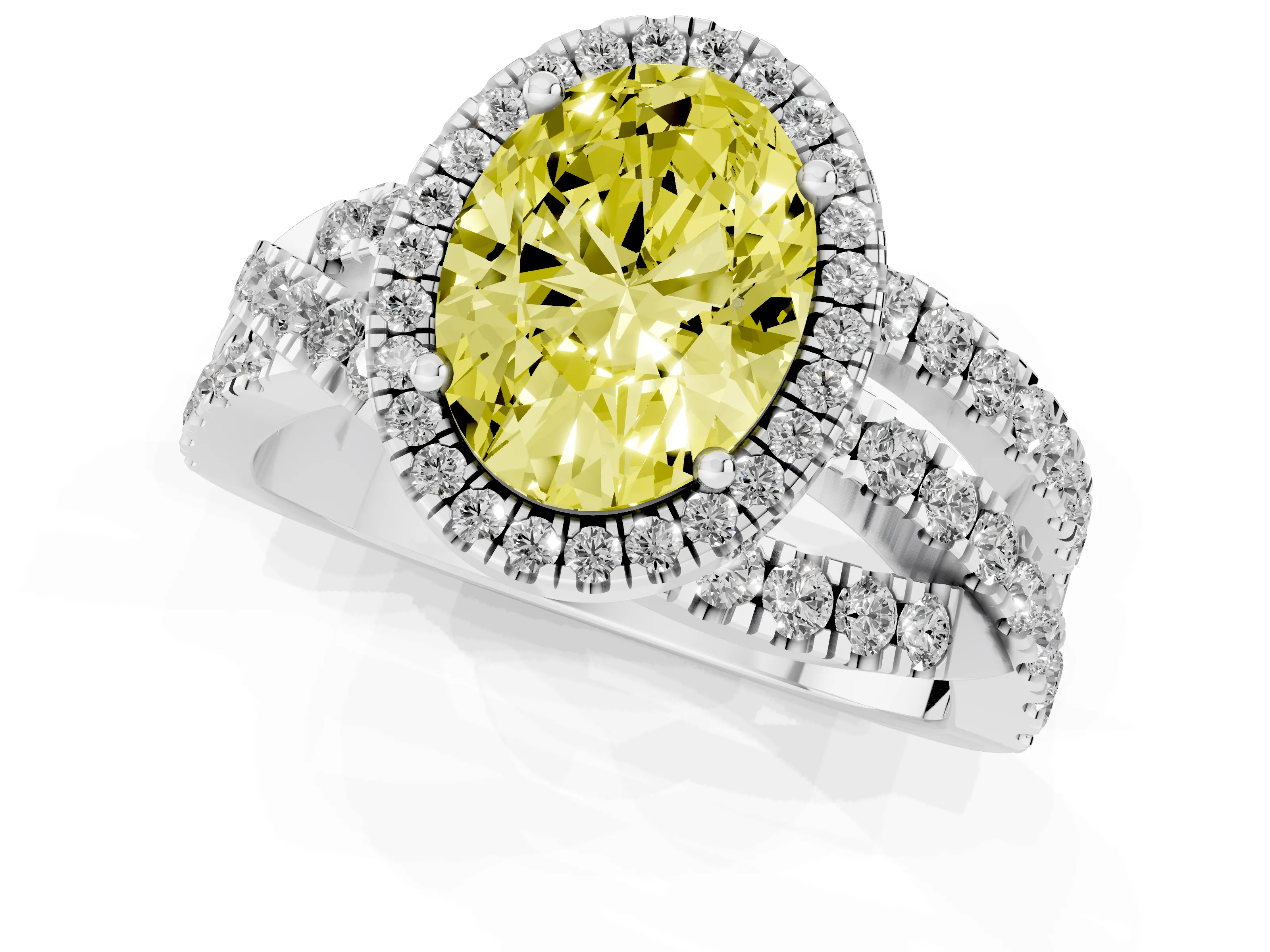 Fancy Yellow Oval Cut Diamond Halo Ring Set in Silver with Round Crossover Split Shank and Prong Setting – second view