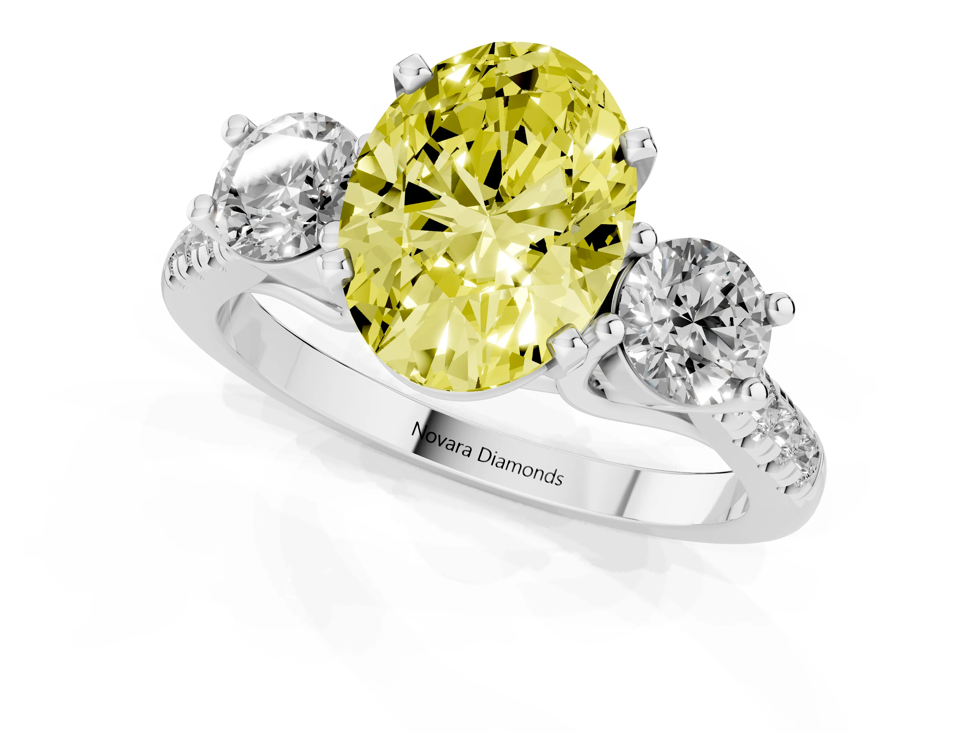 Fancy Yellow Three-Stone Oval Cut Diamond Pavé Band Ring Set in Platinum with Prong-Set Trio