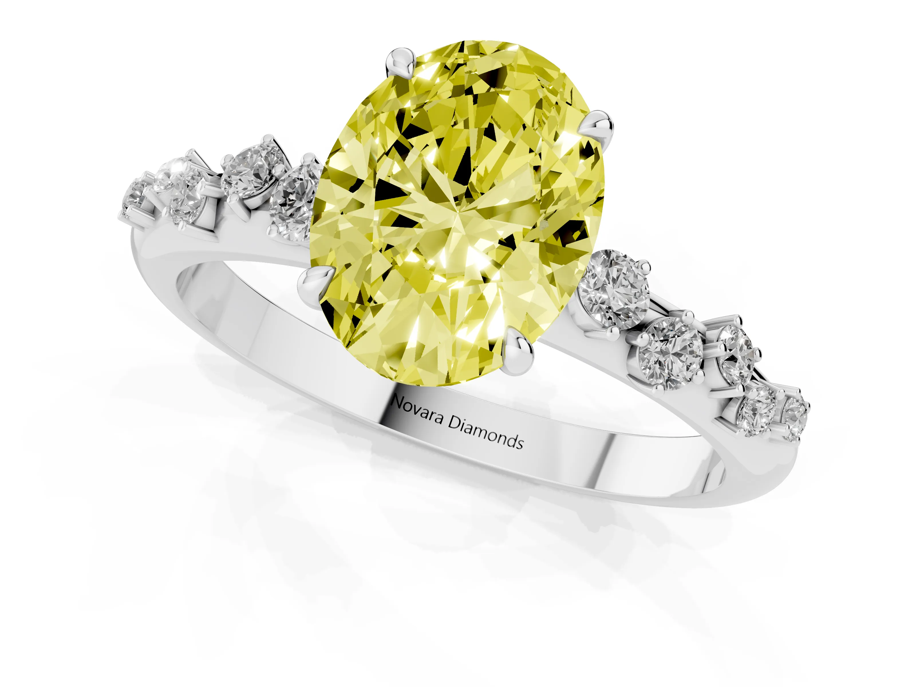 Fancy Yellow Oval Cut Diamond Cluster Solitaire Ring Set in Platinum with Prong Setting