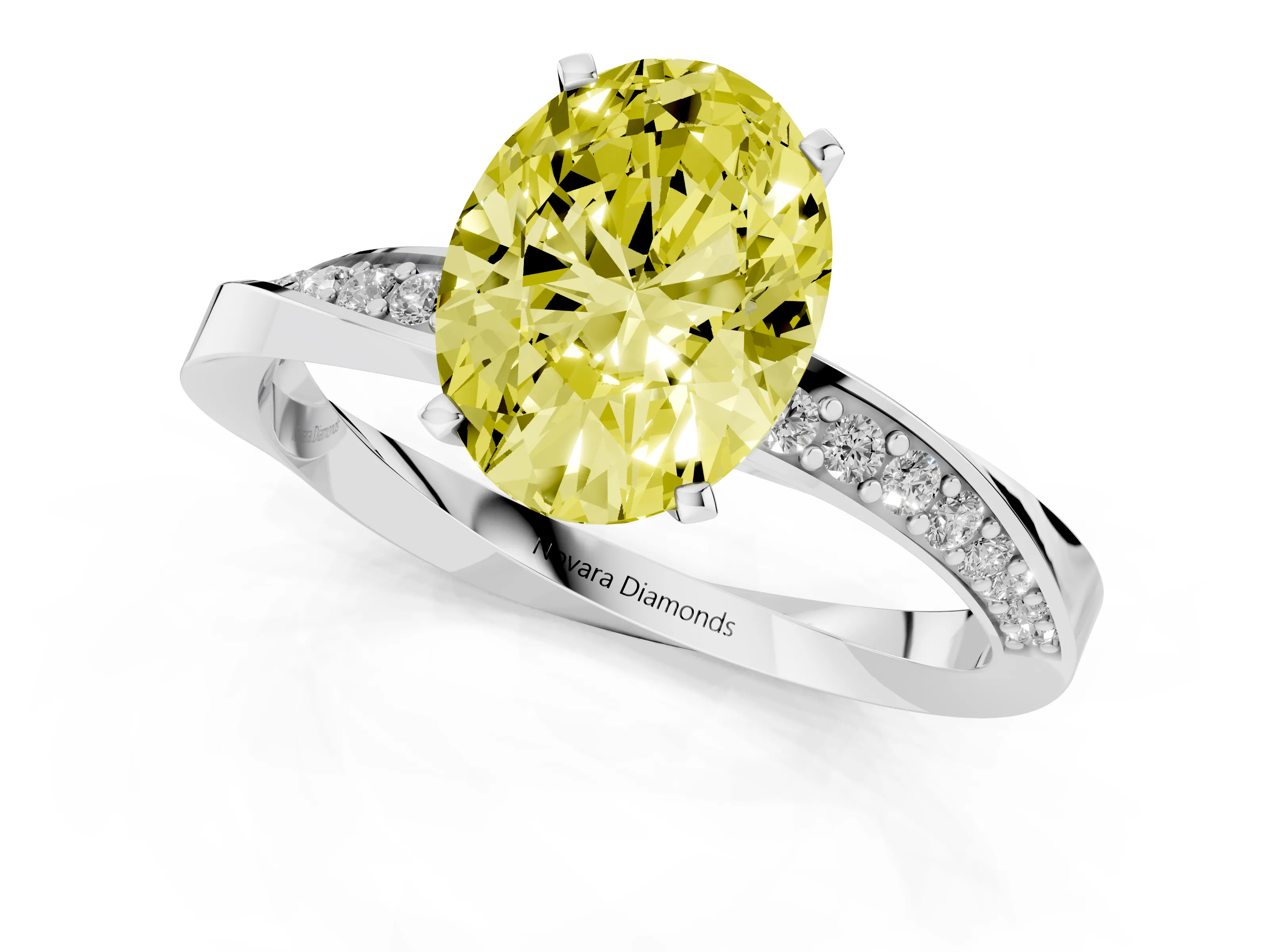 Fancy Yellow Oval Cut Diamond Engagement Ring Set in Silver with Side Stone Accents and Prong Setting
