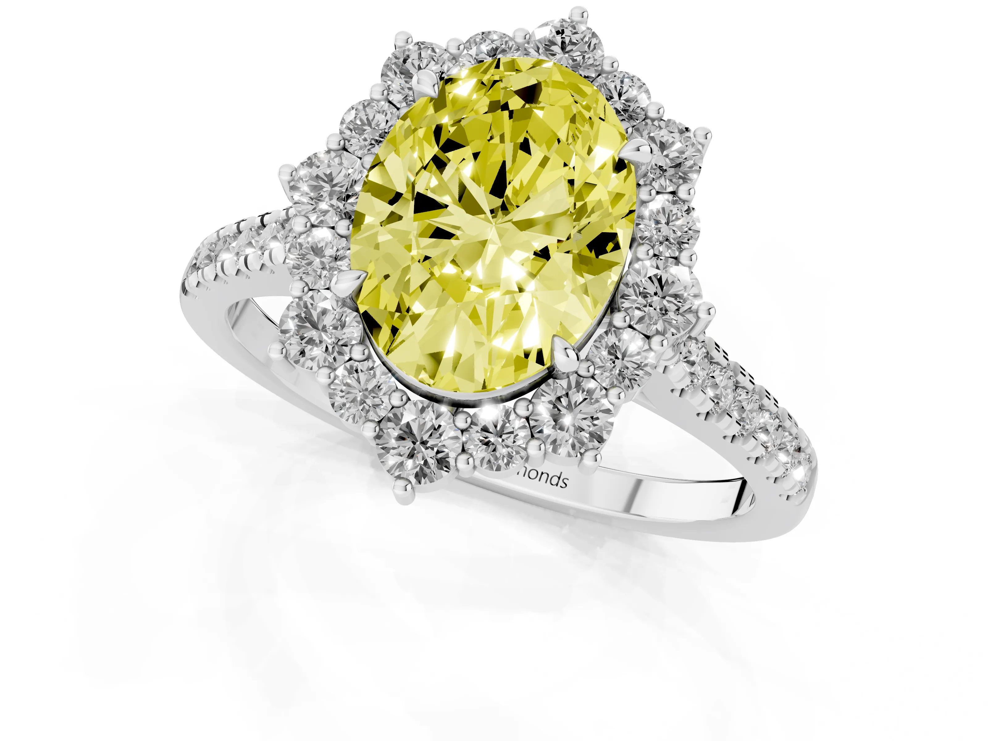 Fancy Yellow Oval Cut Diamond Halo Ring Set in Silver with Pavé Band and Prong Setting