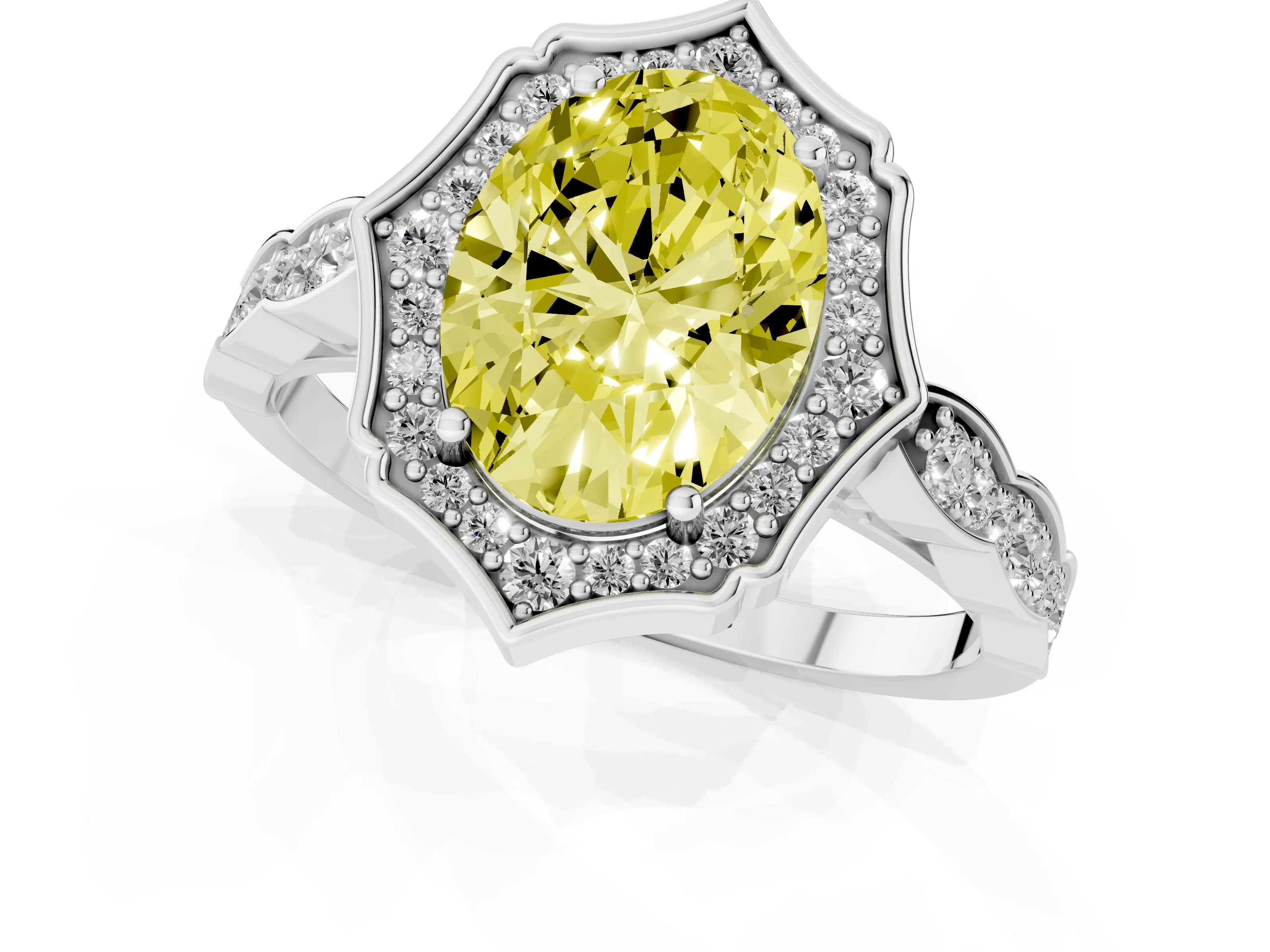 Fancy Yellow Oval Cut Diamond Halo Engagement Ring Set in White gold with Milgrain Band and Prong Setting