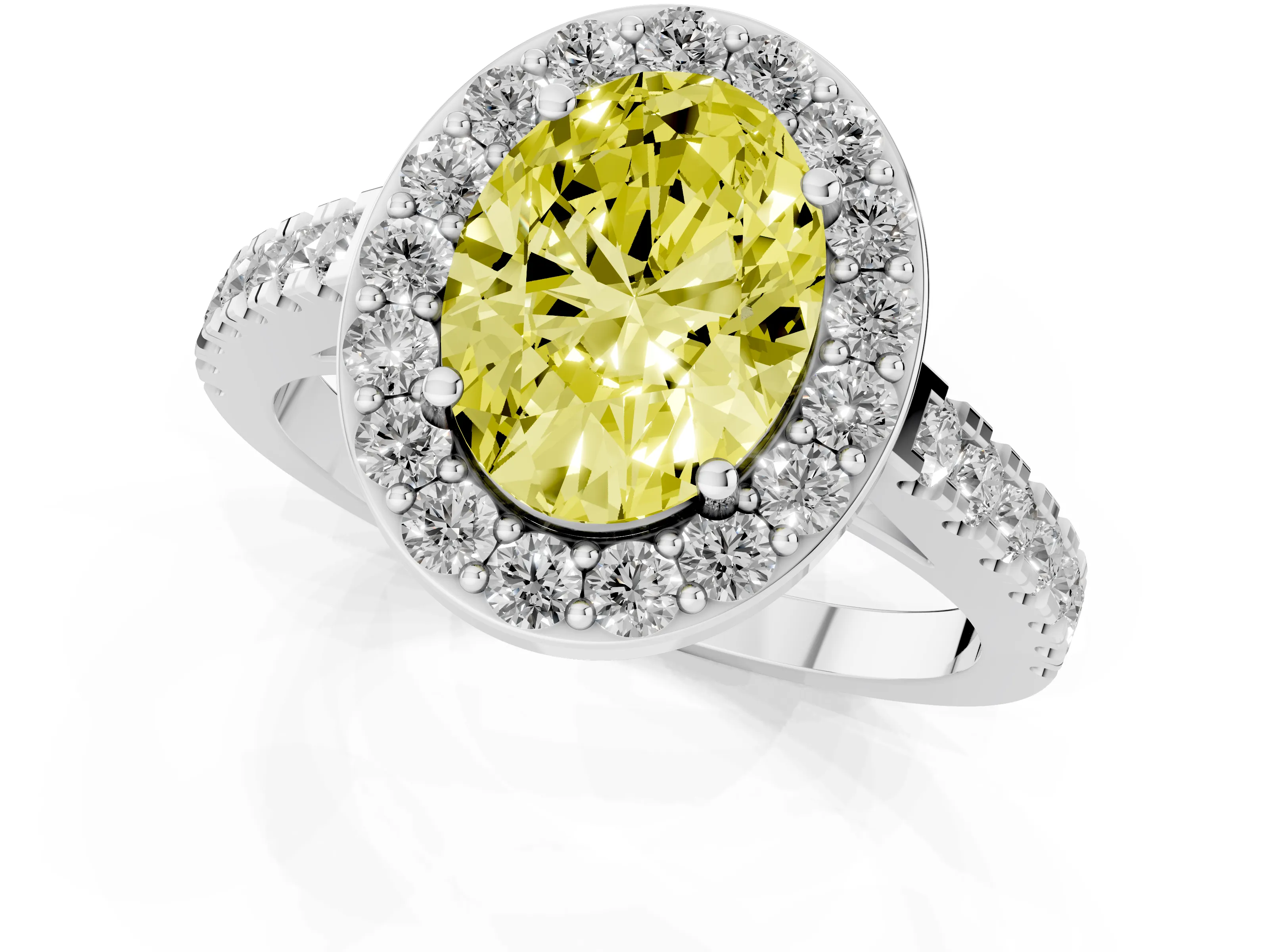 Fancy Yellow Oval Cut Diamond Halo Ring Set in Silver with Round Pavé Split Shank and Prong Setting