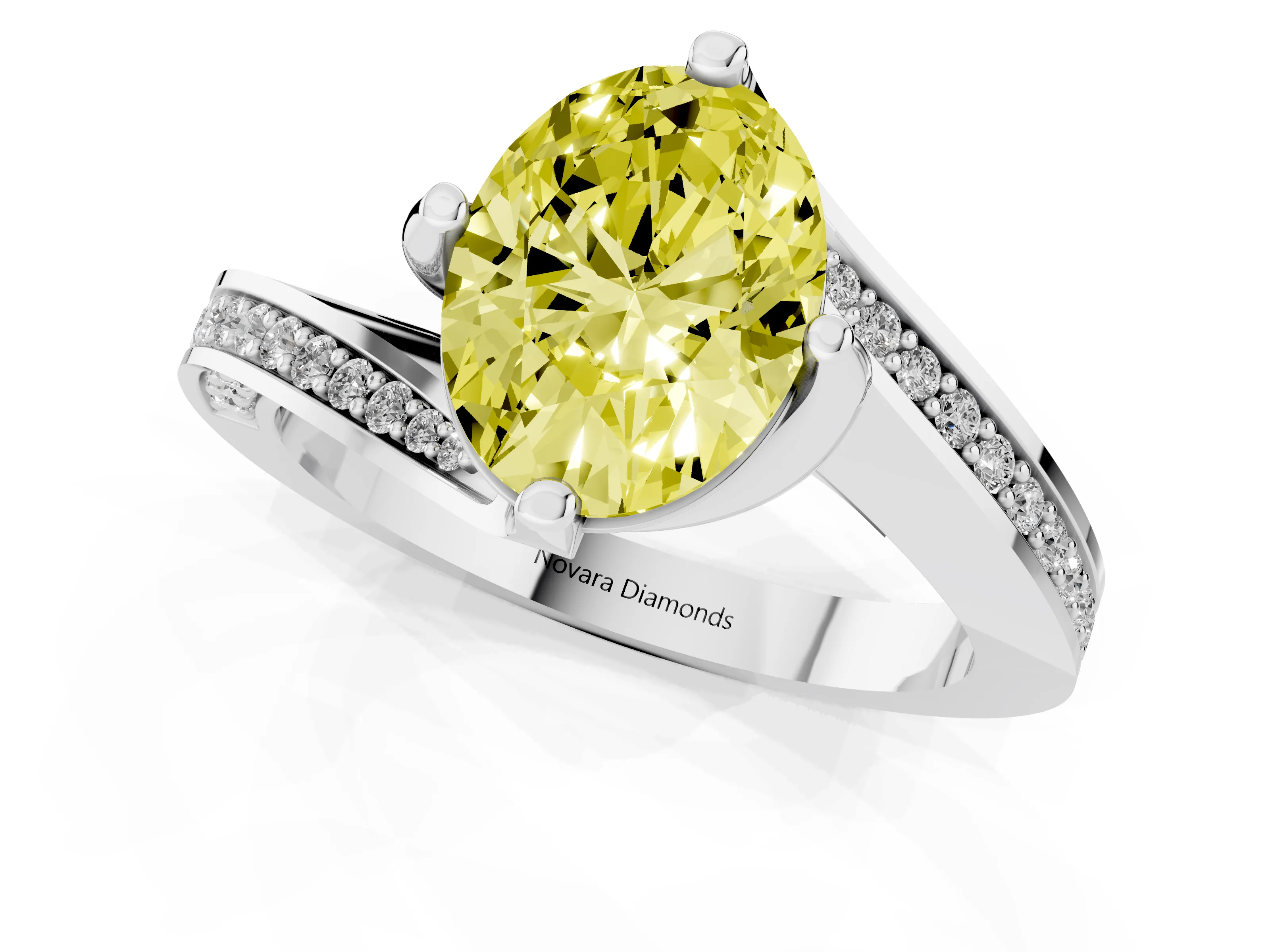 Fancy Yellow Oval Cut Diamond Solitaire Ring Set in Silver with Intertwined Pavé Twist Band