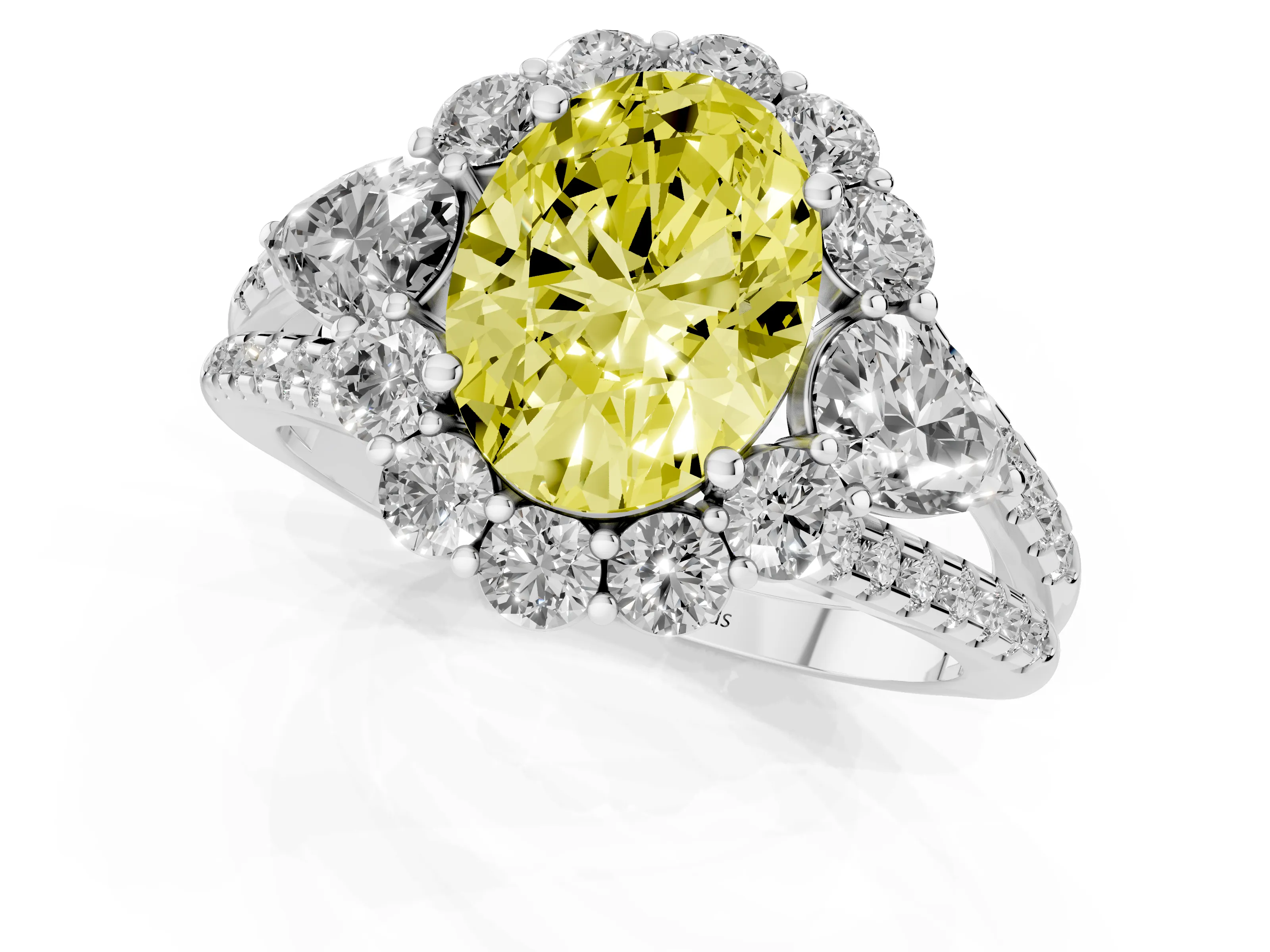 Fancy Yellow Oval Cut Diamond Halo Split Shank Engagement Ring Set in Silver with Prong-Held Center Stone