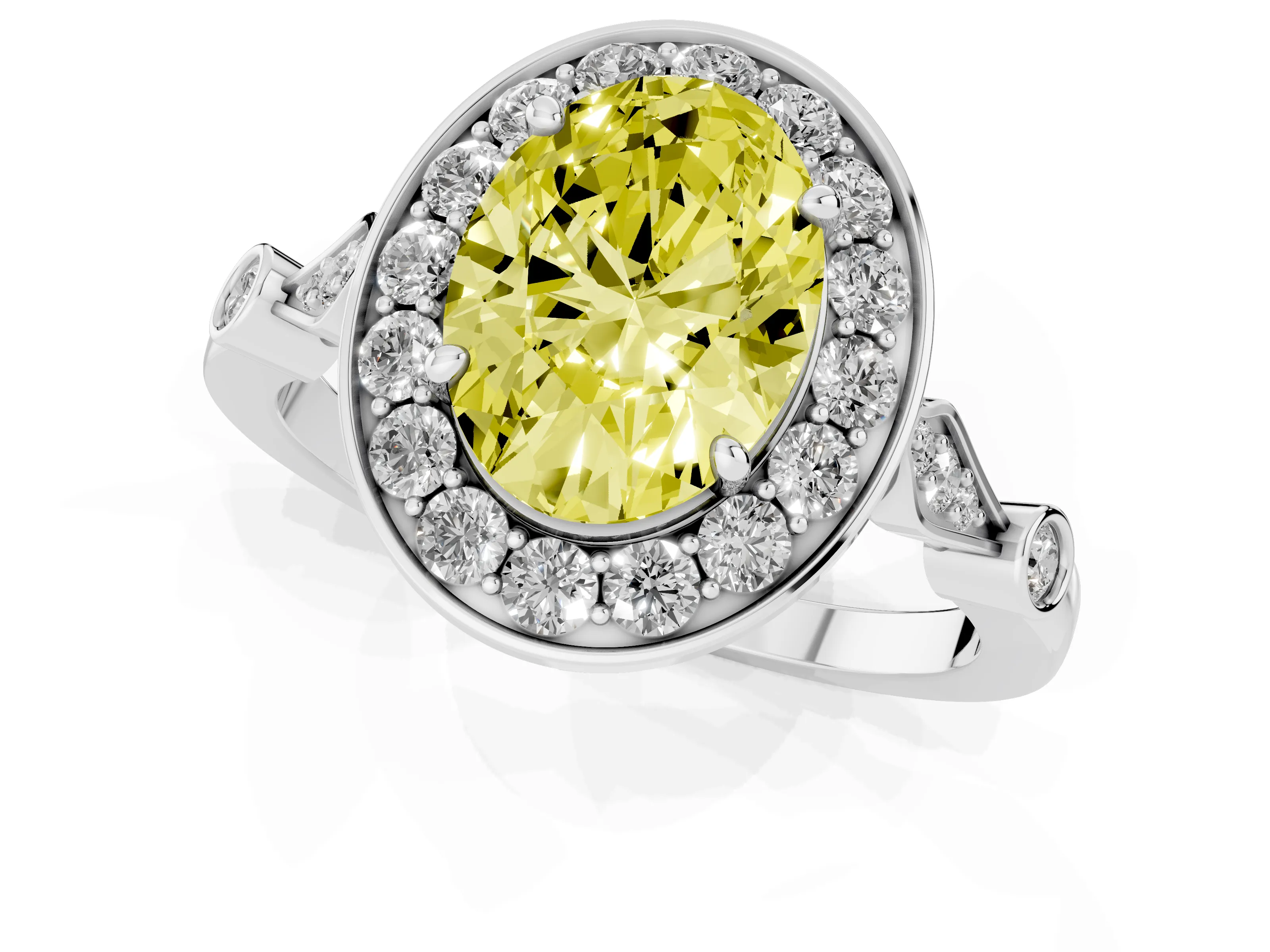 Fancy Yellow Oval Cut Diamond Halo Engagement Ring Set in Silver with Twisted Band and Prong Setting