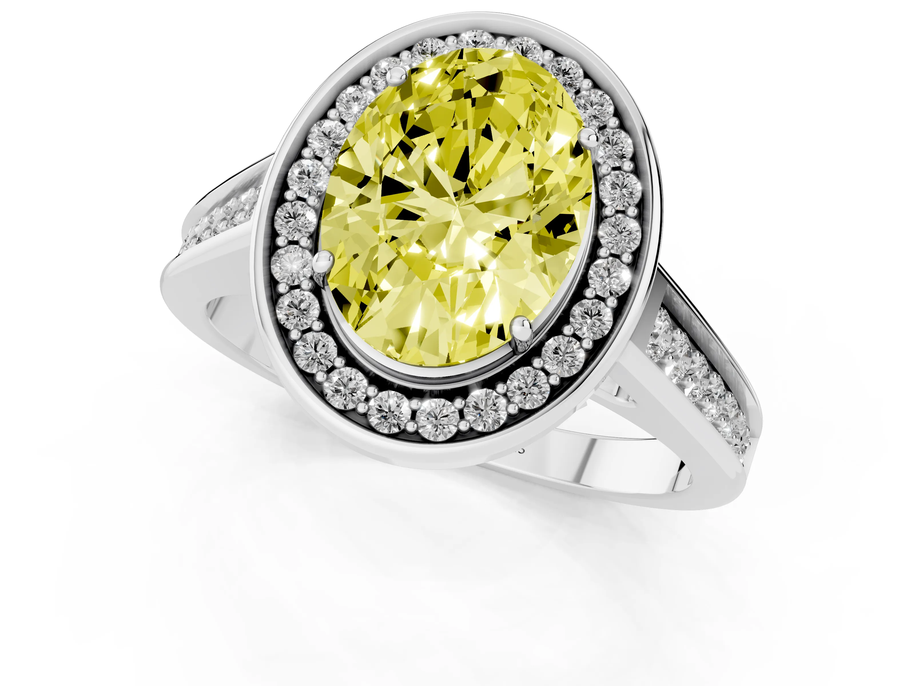 Fancy Yellow Oval Cut Diamond Halo Solitaire Ring Set in Platinum with Pavé Band and Bezel Setting
