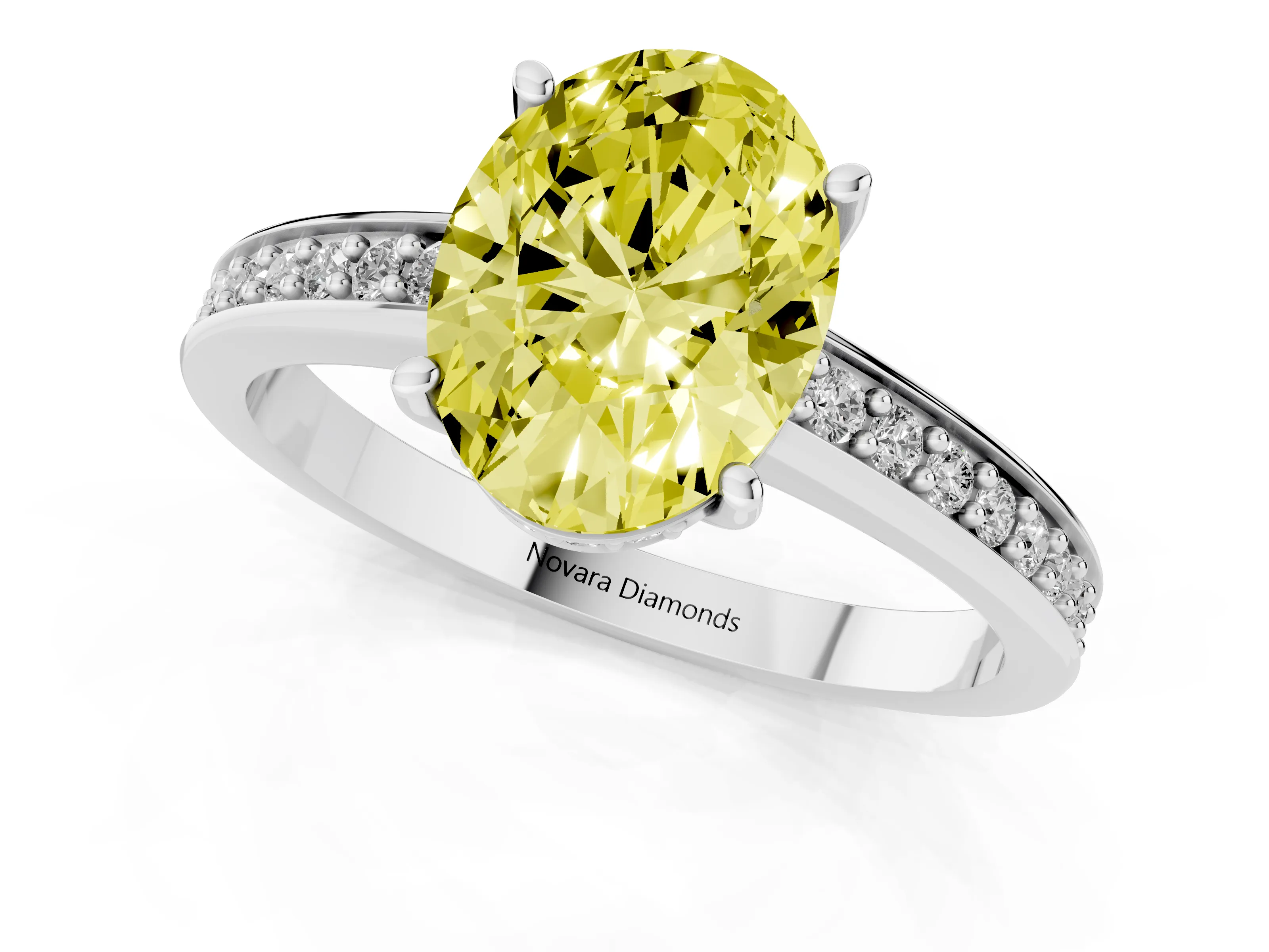 Fancy Yellow Oval Cut Diamond Pavé Band Prong Set Solitaire Ring Set in Silver