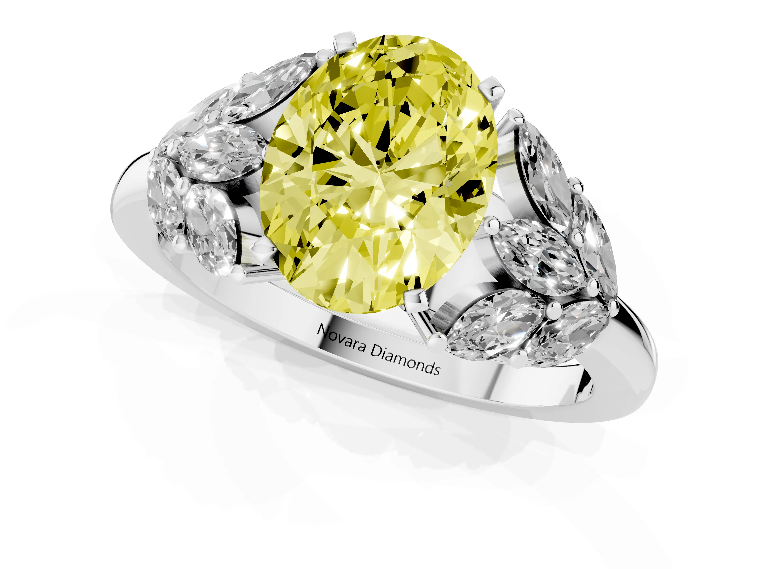 Fancy Yellow Oval Cut Diamond Cluster Leaf Design Ring Set in White gold with Prong Setting