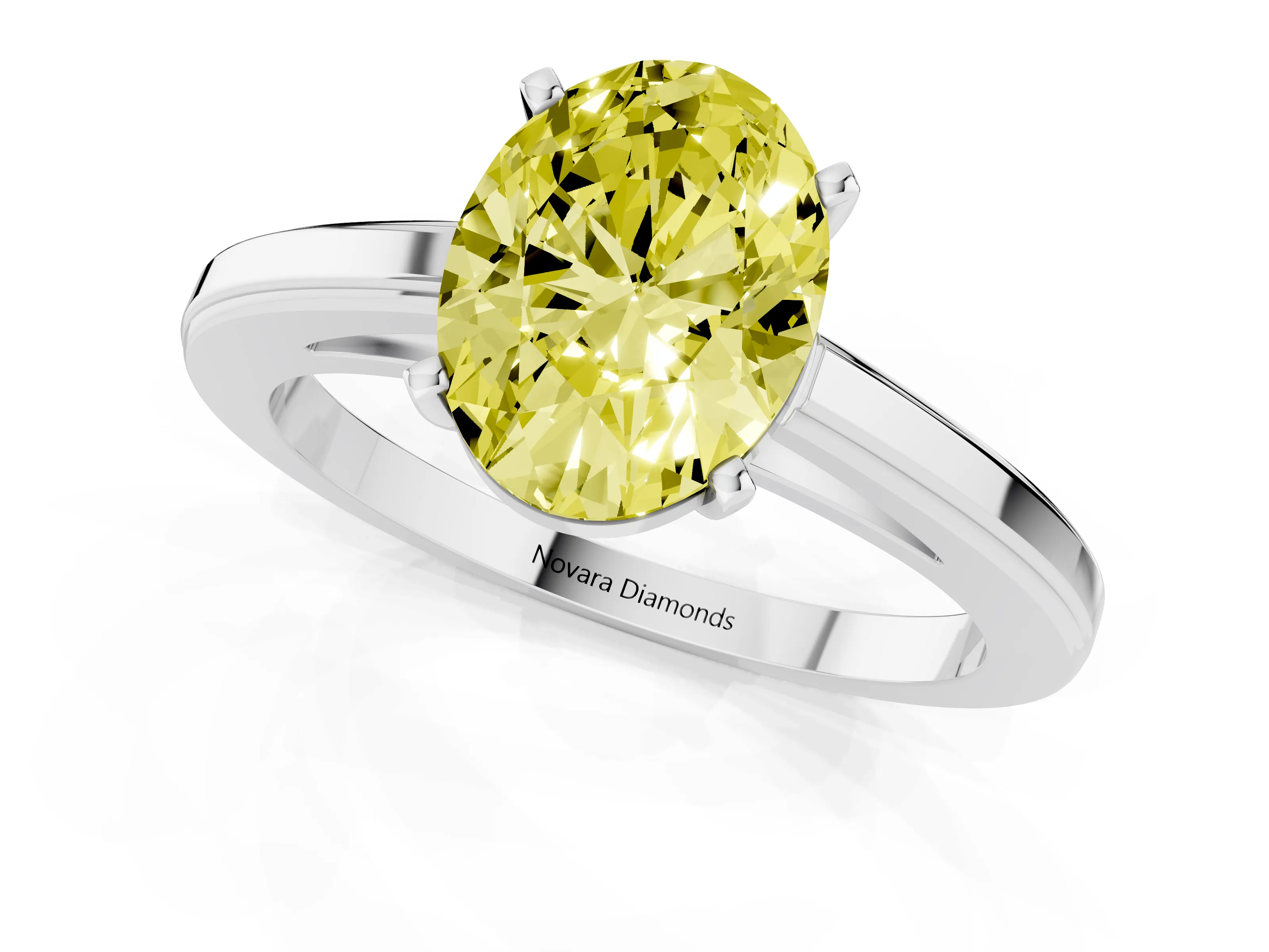 Fancy Yellow Oval Cut Diamond Solitaire Ring Set in Platinum with Prong Setting and Classic Band