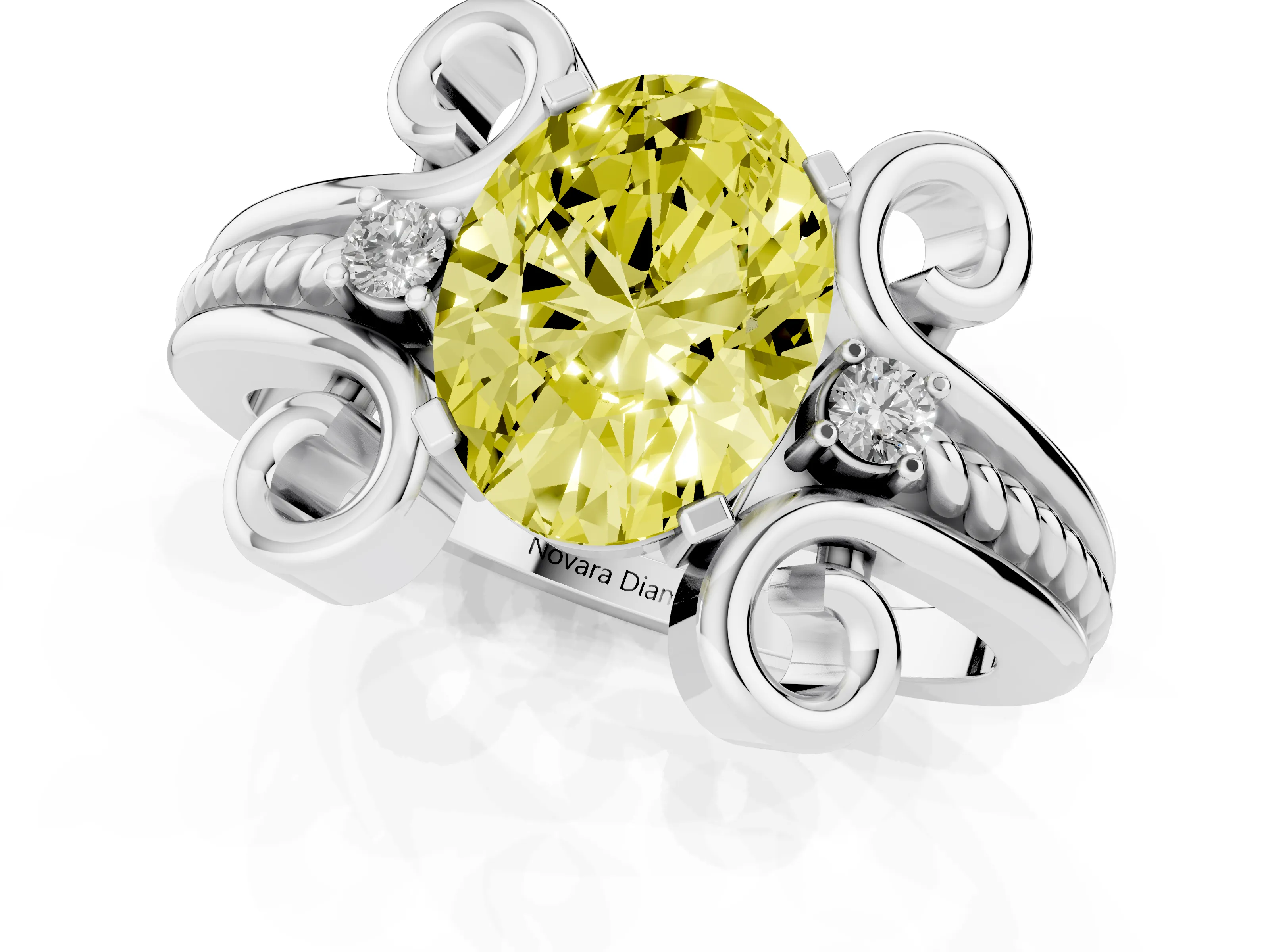 Fancy Yellow Oval Cut Diamond Twisted Band Solitaire Ring Set in Platinum with Scroll Prongs