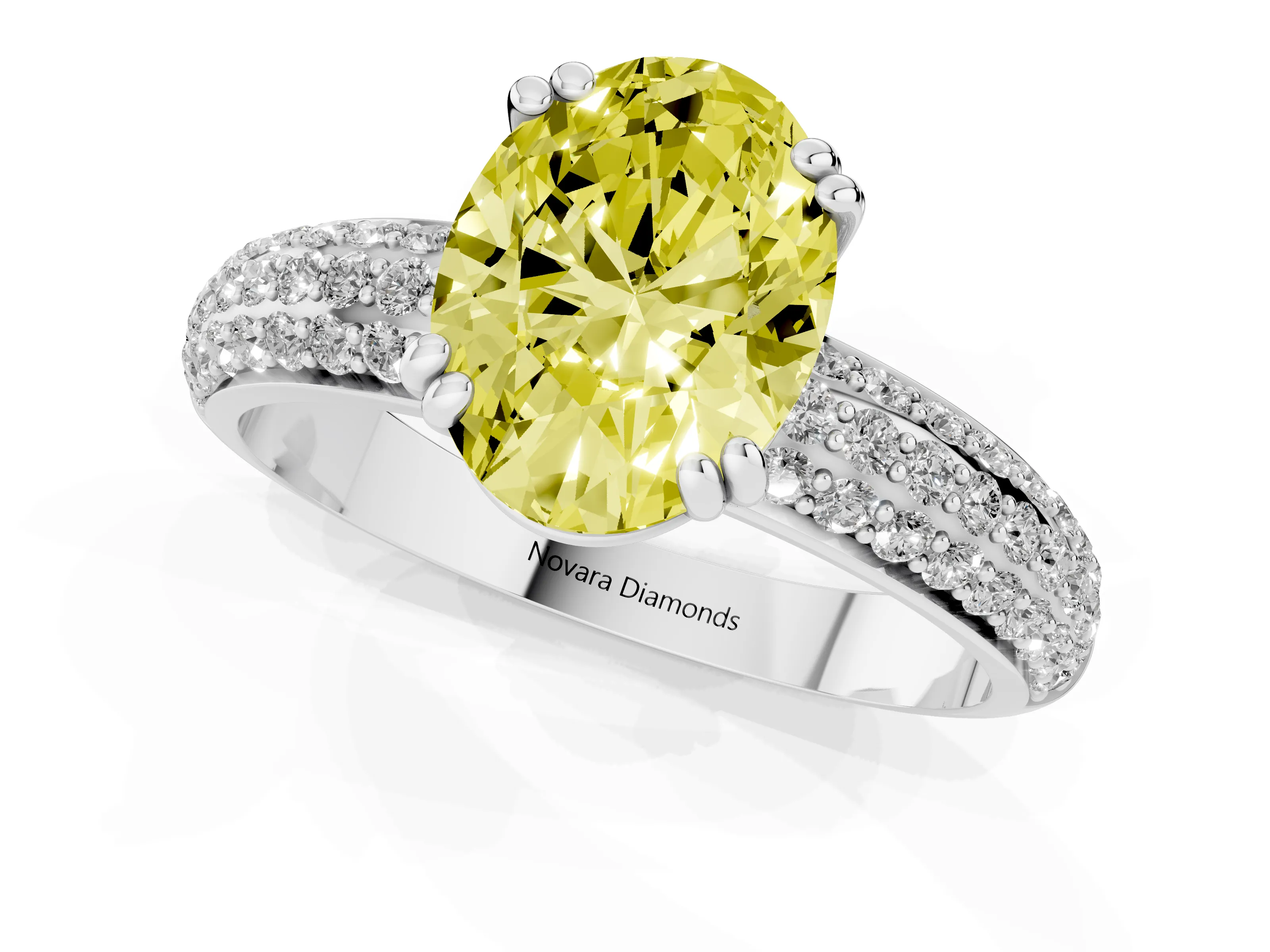 Fancy Yellow Oval Cut Diamond Solitaire Ring Set in Platinum with Multi-Row Round Pavé Band and Prong Setting