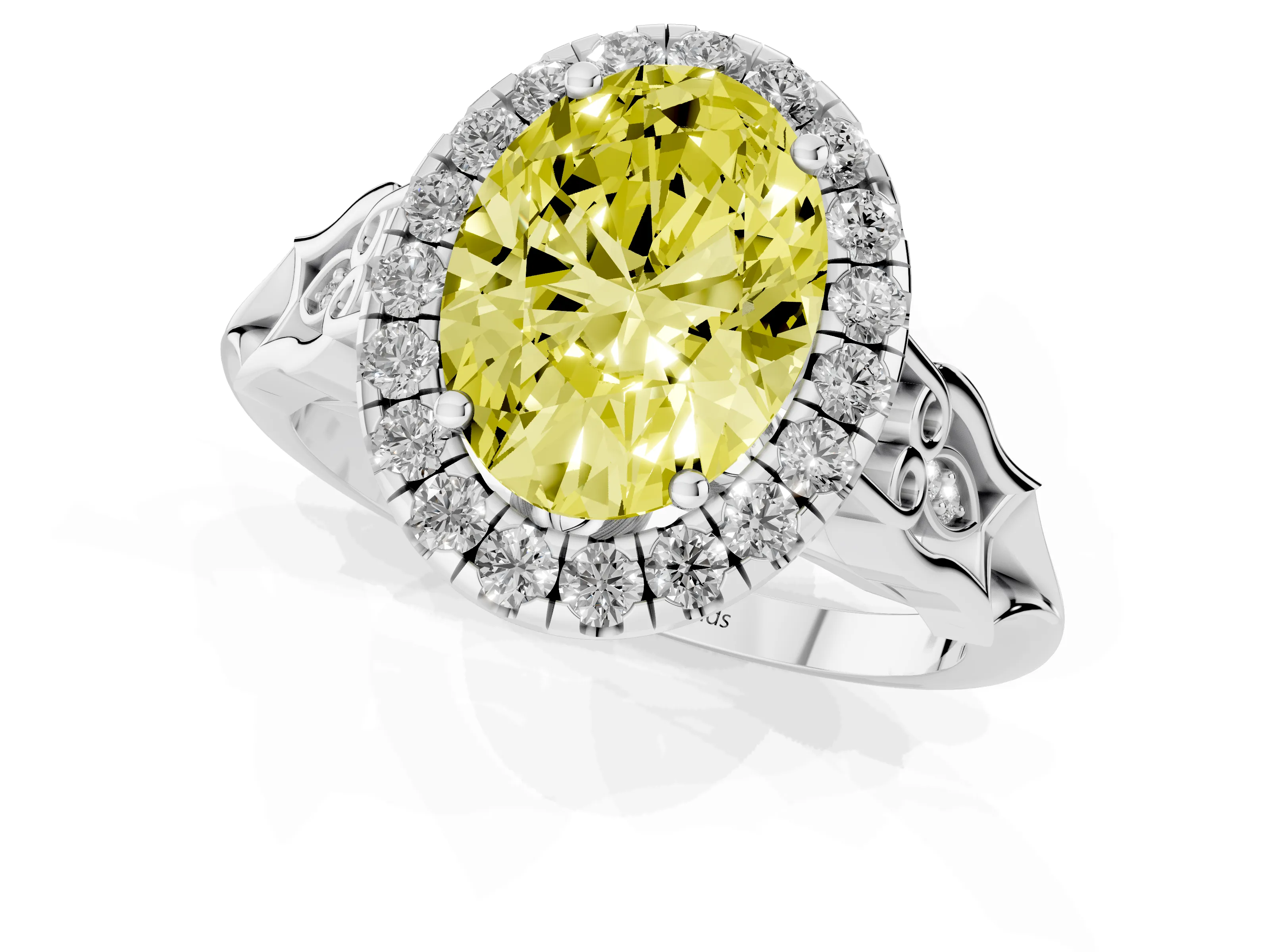 Fancy Yellow Oval Cut Diamond Halo Engagement Ring Set in Platinum with Filigree Band and Prong-Set Center