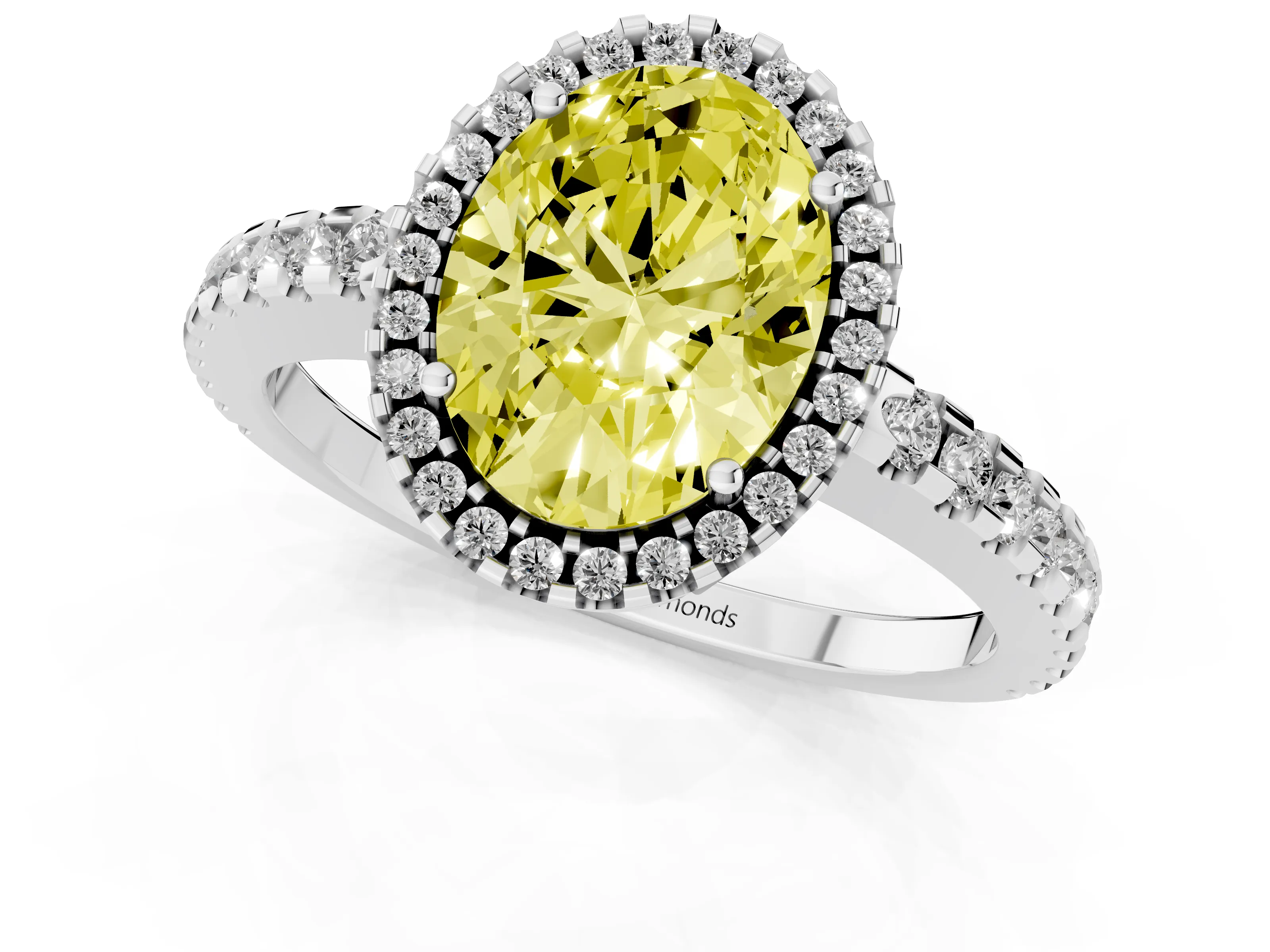 Fancy Yellow Oval Cut Diamond Halo Ring Set in Silver with Pavé Shoulders and Halo-Framed Center