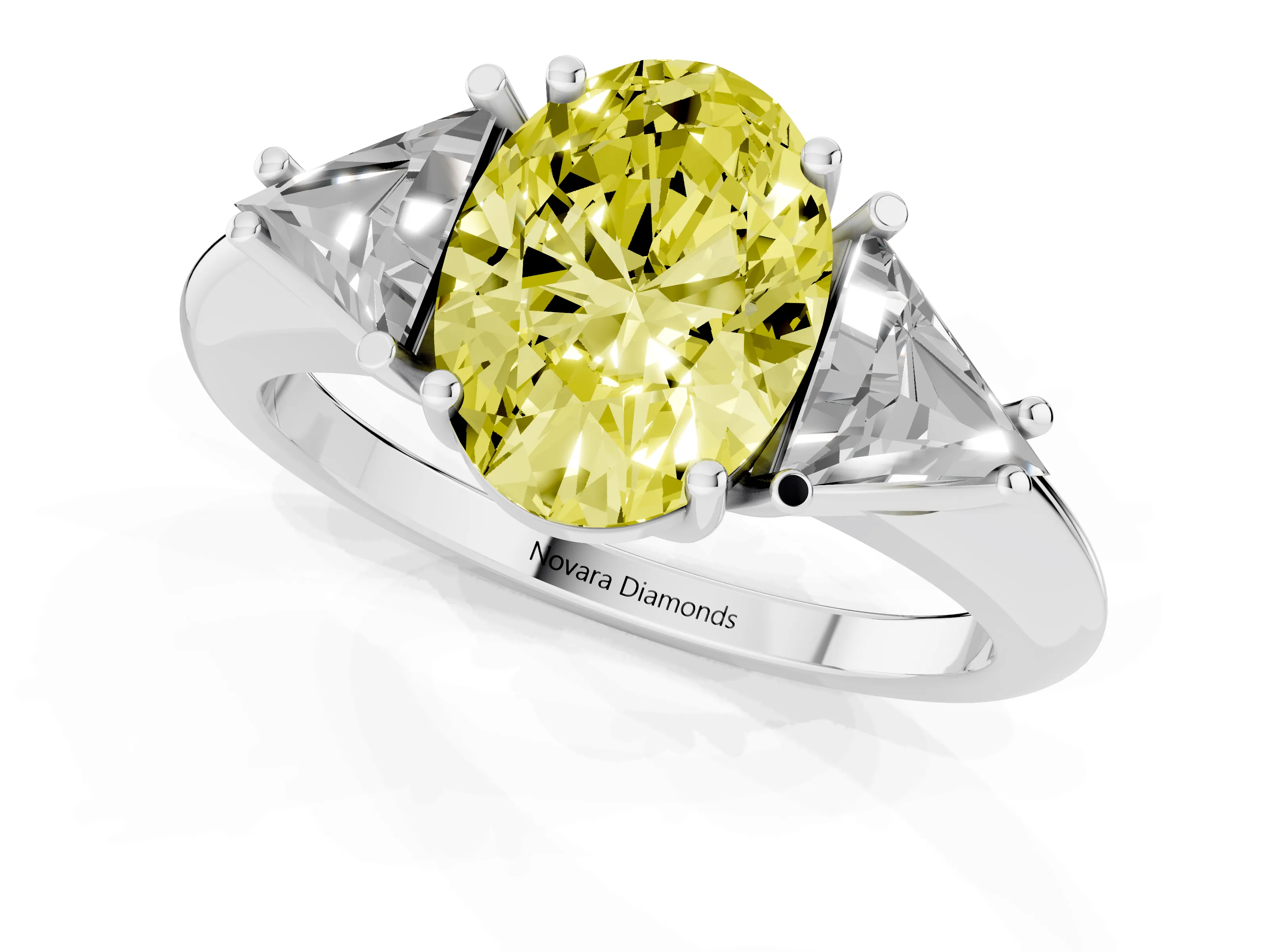 Fancy Yellow Oval Cut Diamond Three-Stone Engagement Ring Set in Platinum with Trillion Side Stones