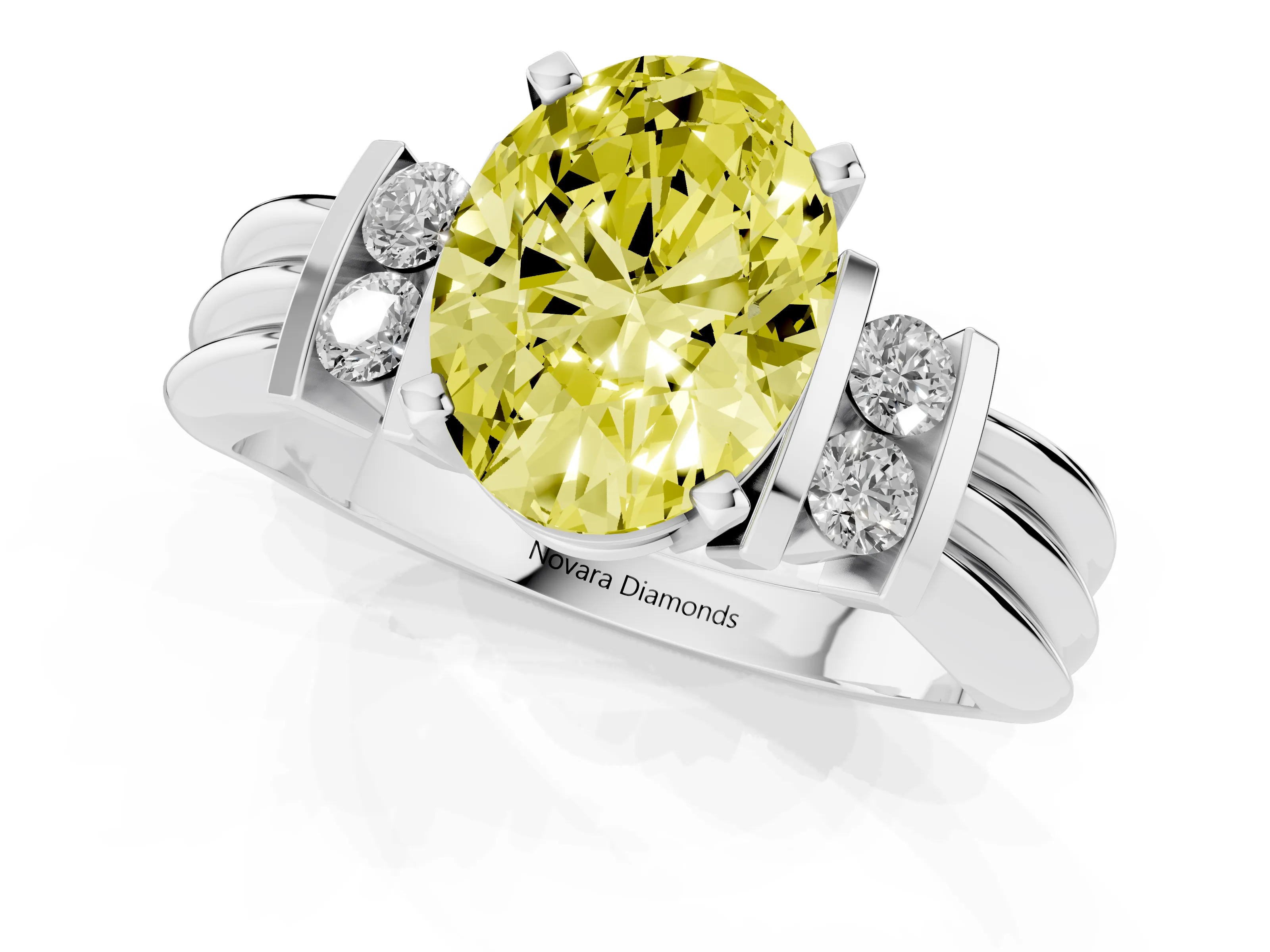 Fancy Yellow Three-Stone Oval Cut Diamond Channel Set Ring Set in White gold with Bar Prongs
