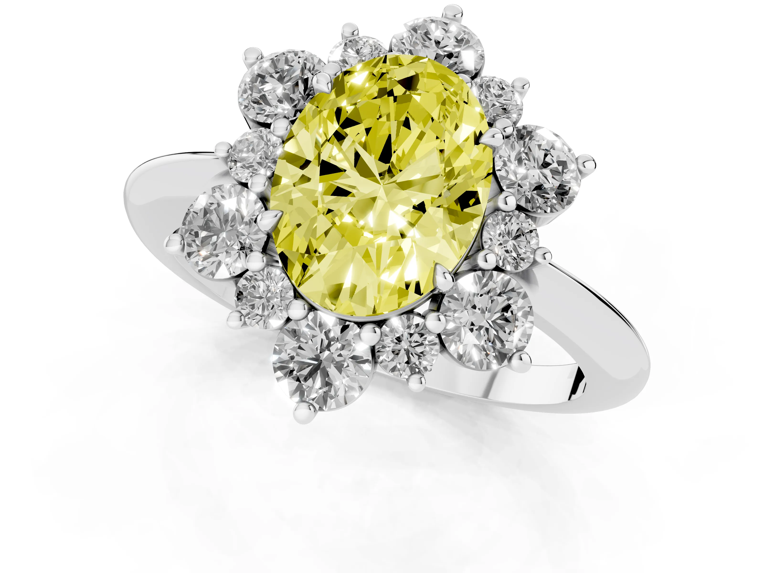 Fancy Yellow Oval Cut Diamond Cluster Halo Ring Set in Silver with Solitaire Band and Prong Setting