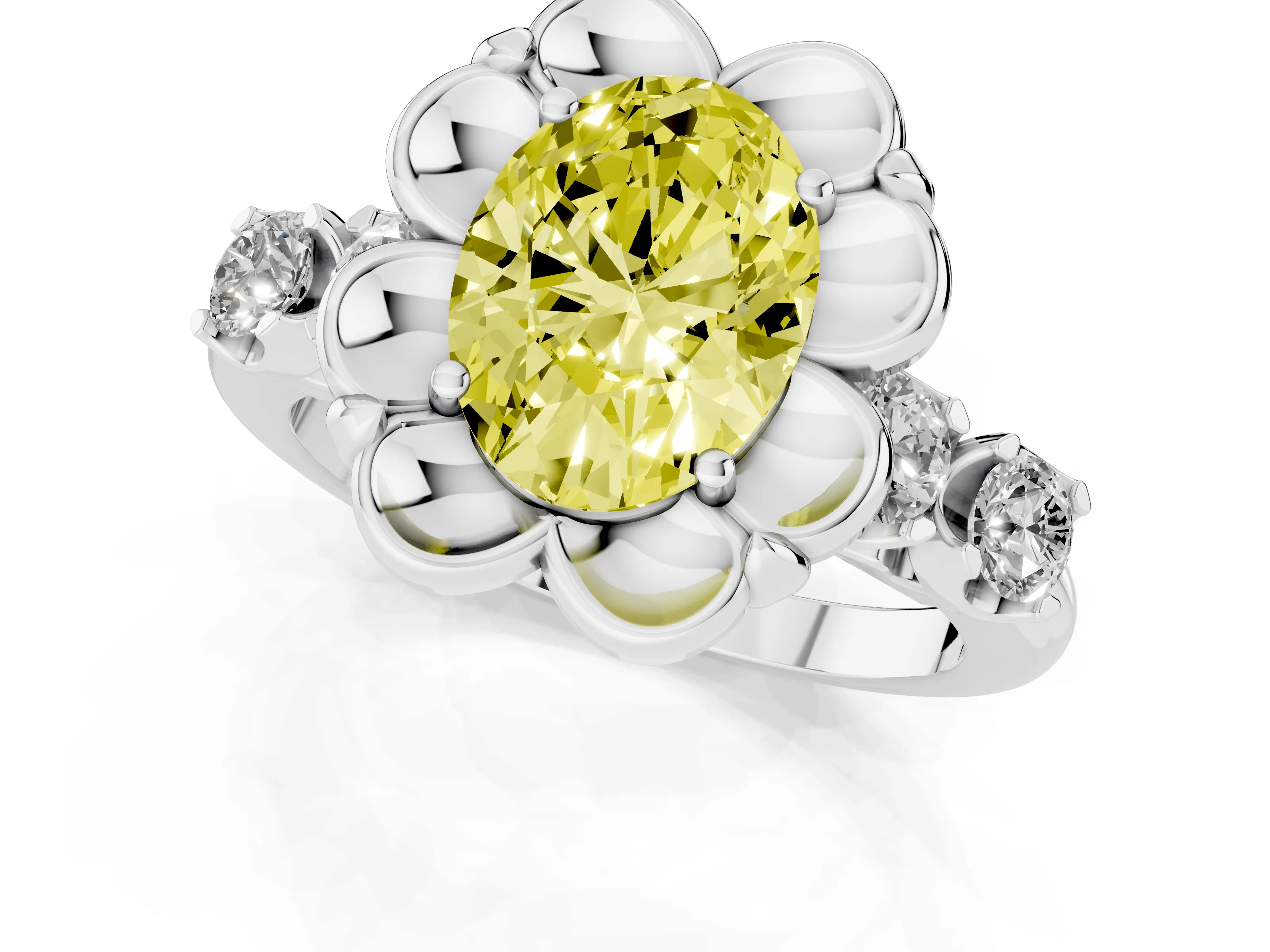 Fancy Yellow Oval Cut Diamond Floral Halo Ring Set in Platinum with Shared Prong Band