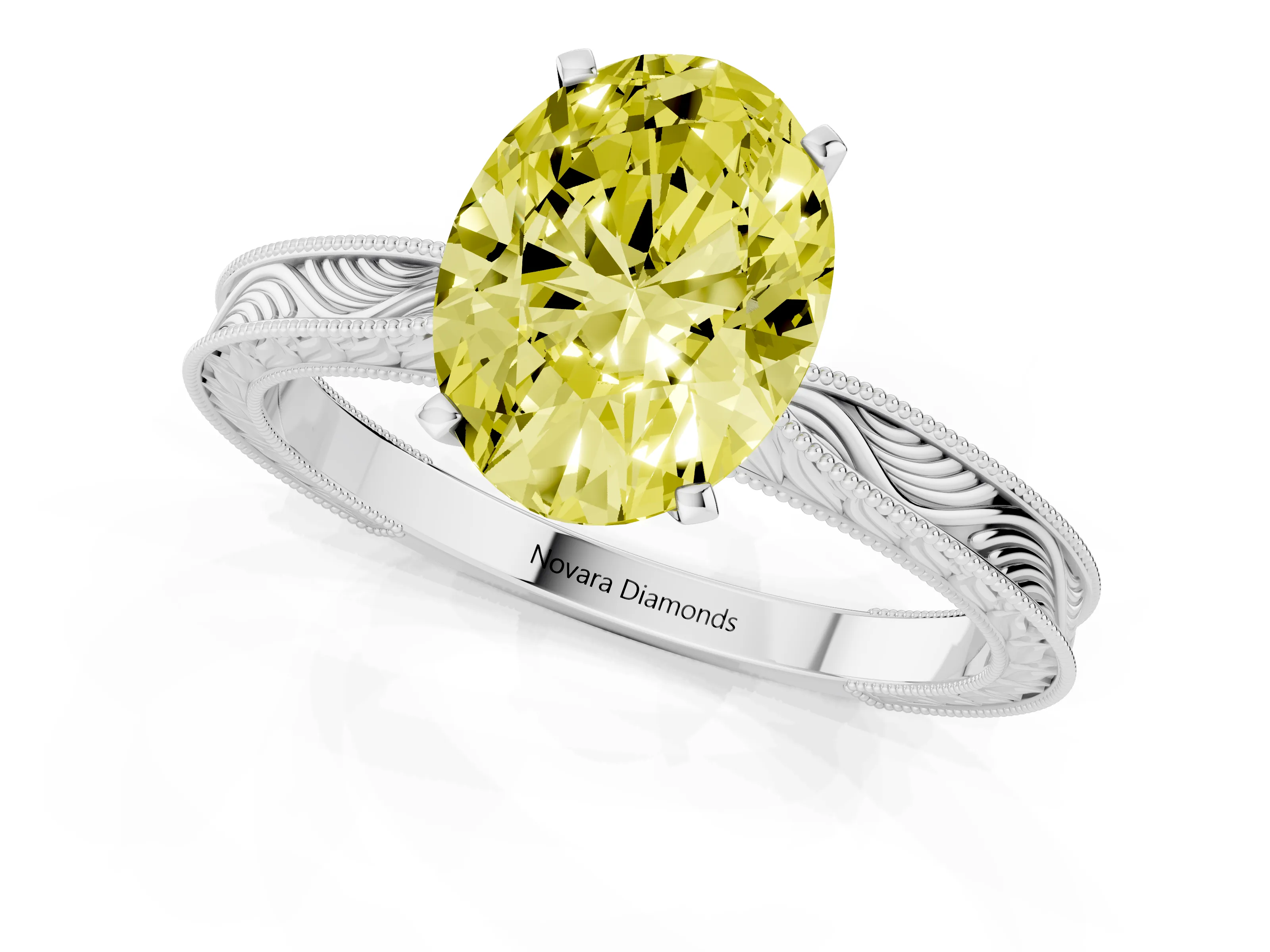 Fancy Yellow Oval Cut Diamond Solitaire Milgrain Engraved Band Set in White gold with Prong Setting