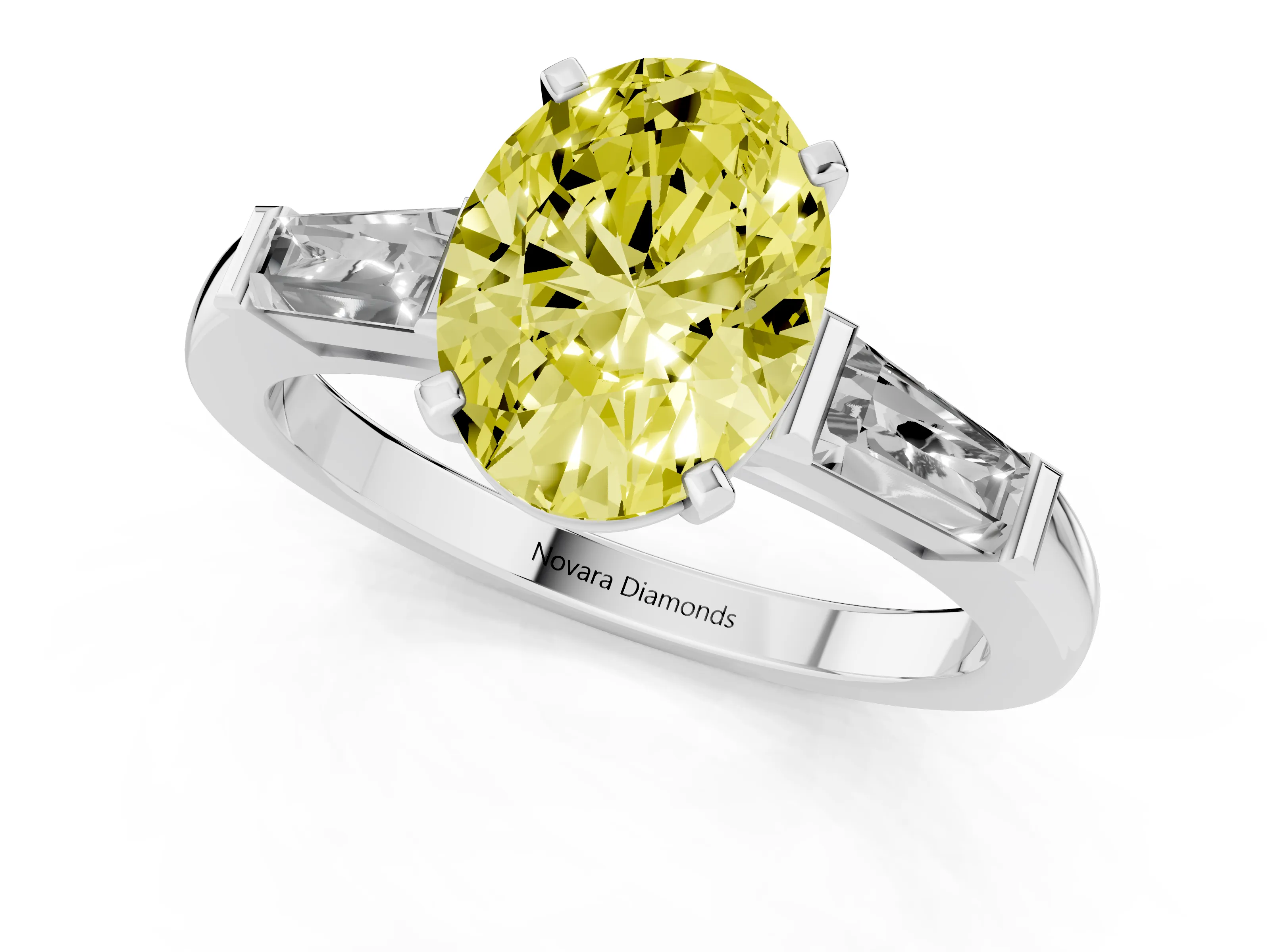 Fancy Yellow Oval Cut Diamond Solitaire Ring Set in White gold with Tapered Baguette Side Stones and Prong Setting