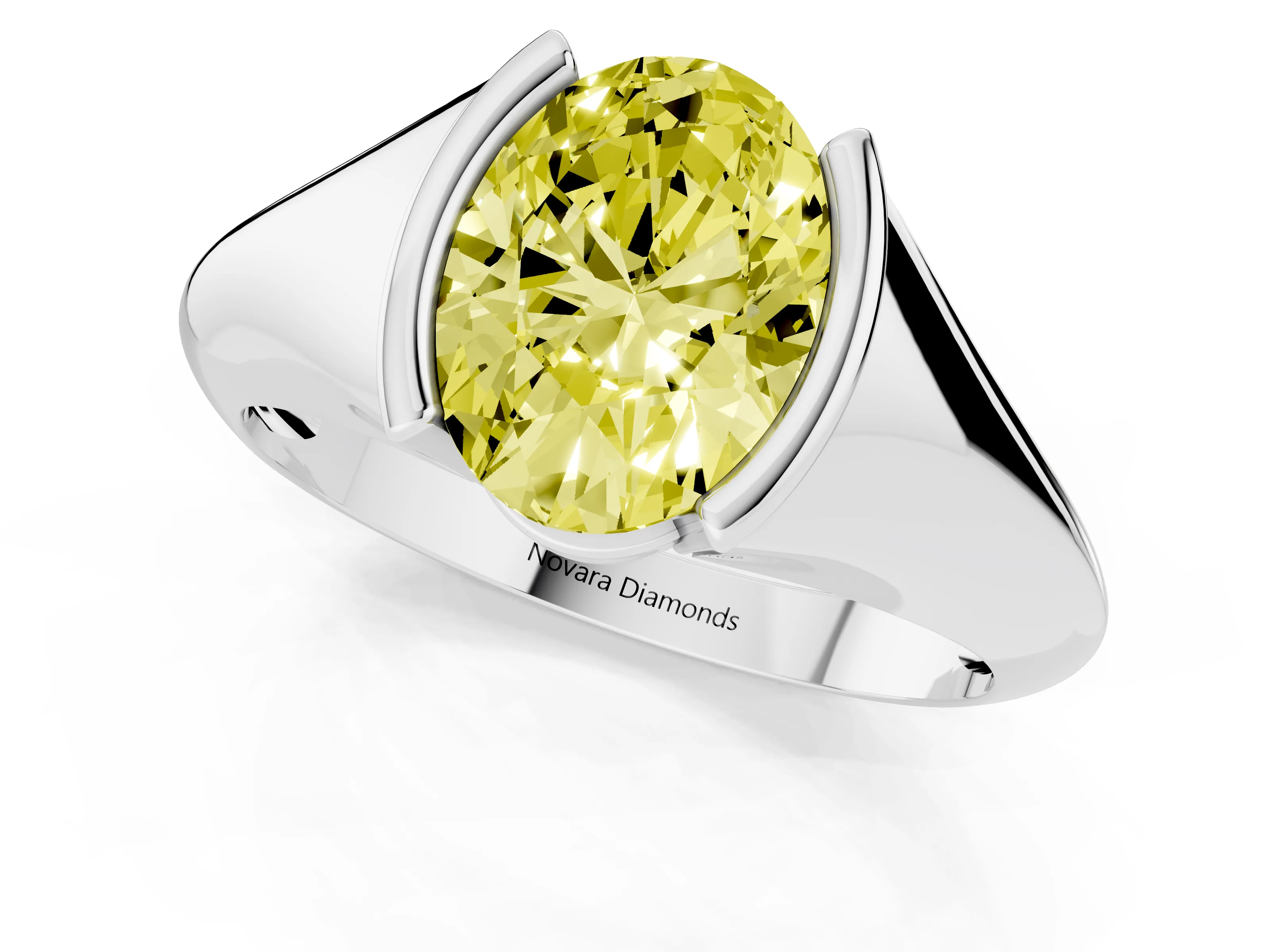 Fancy Yellow Oval Cut Diamond Solitaire Tension Set Ring Set in White gold