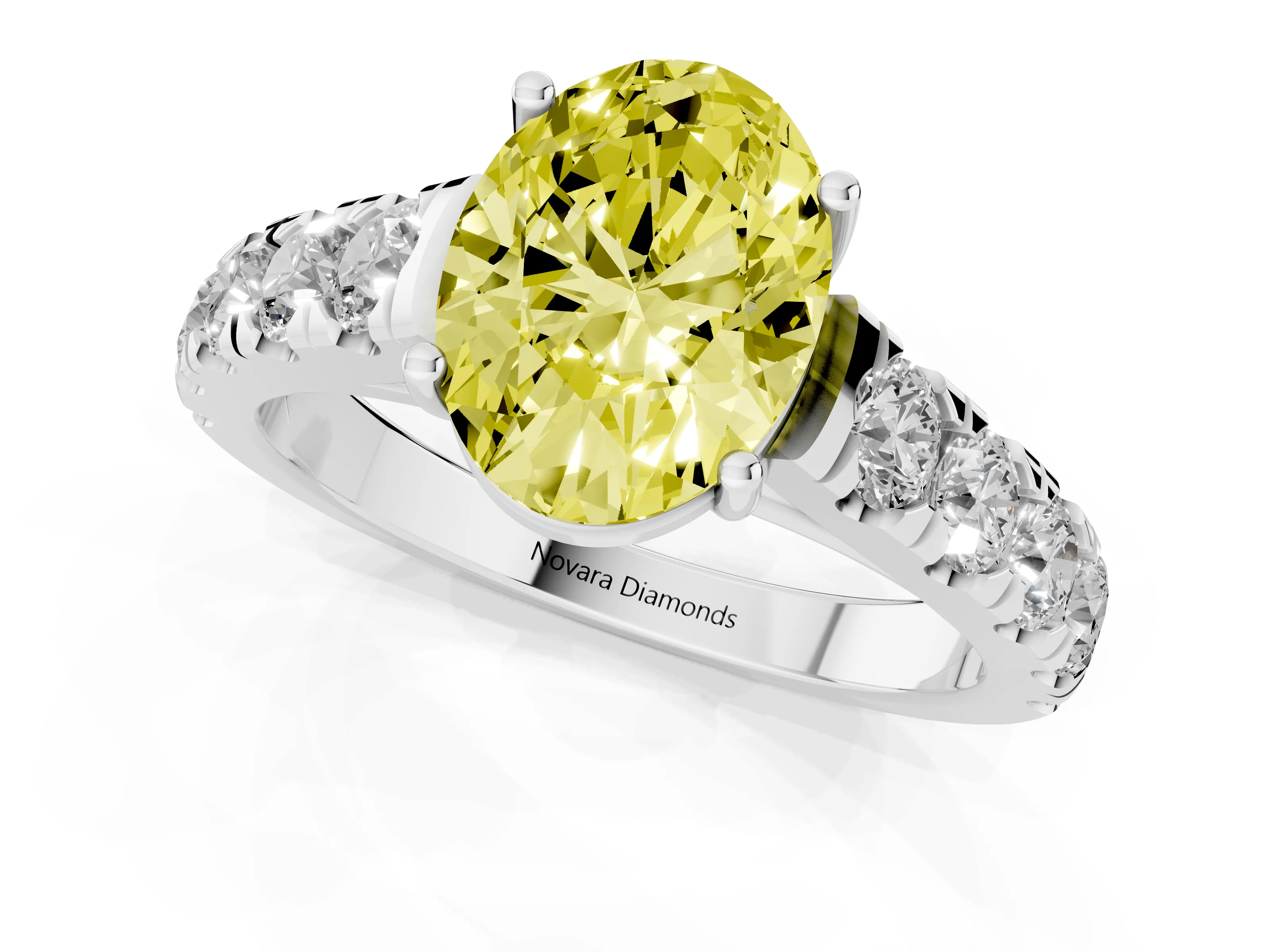 Fancy Yellow Oval Cut Diamond Solitaire Ring Set in Platinum with Cut-Down Micro Pavé Band and Prong Setting