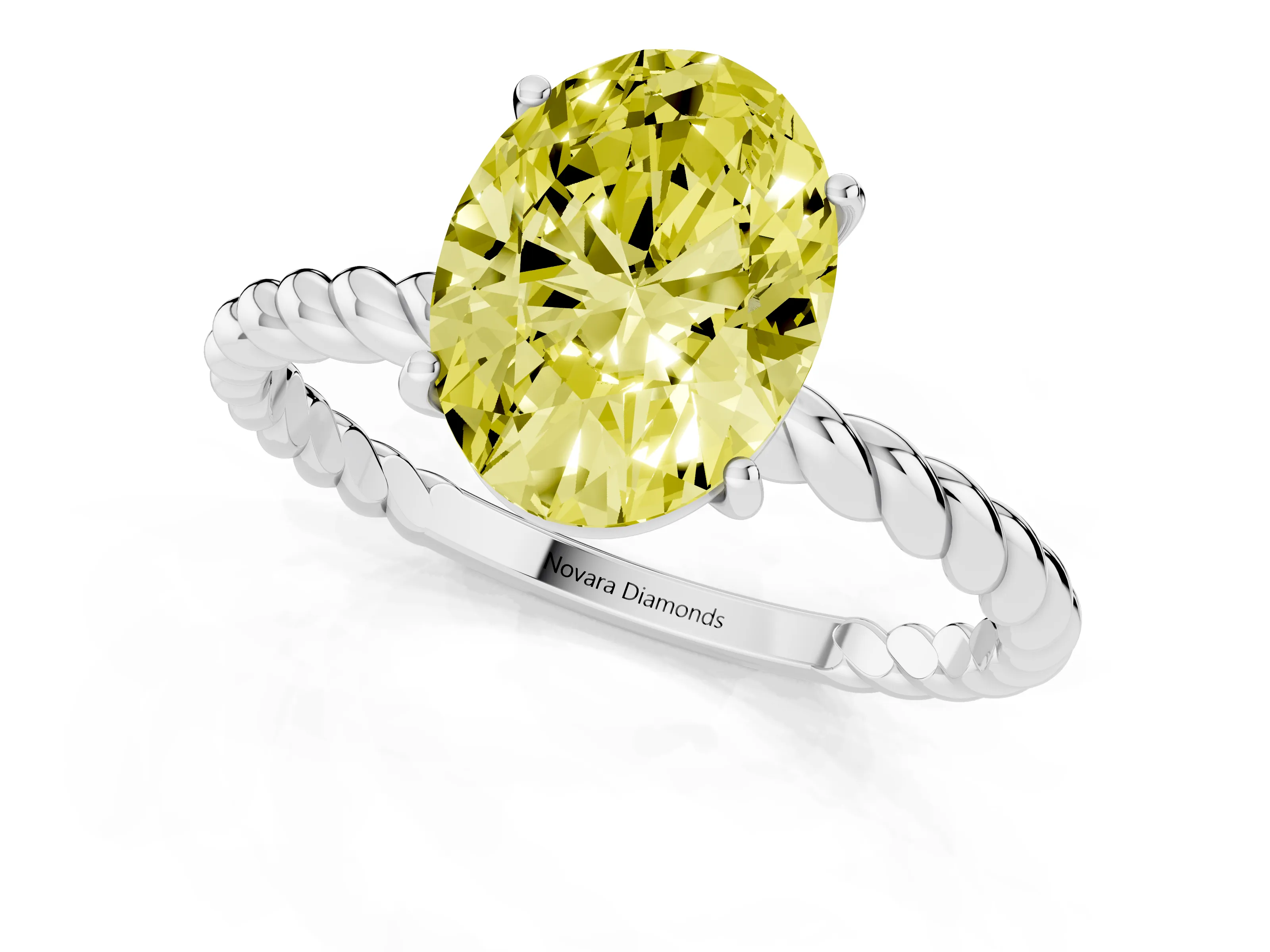Fancy Yellow Oval Cut Diamond Solitaire Ring Set in Platinum with Twist Band and Prong Setting