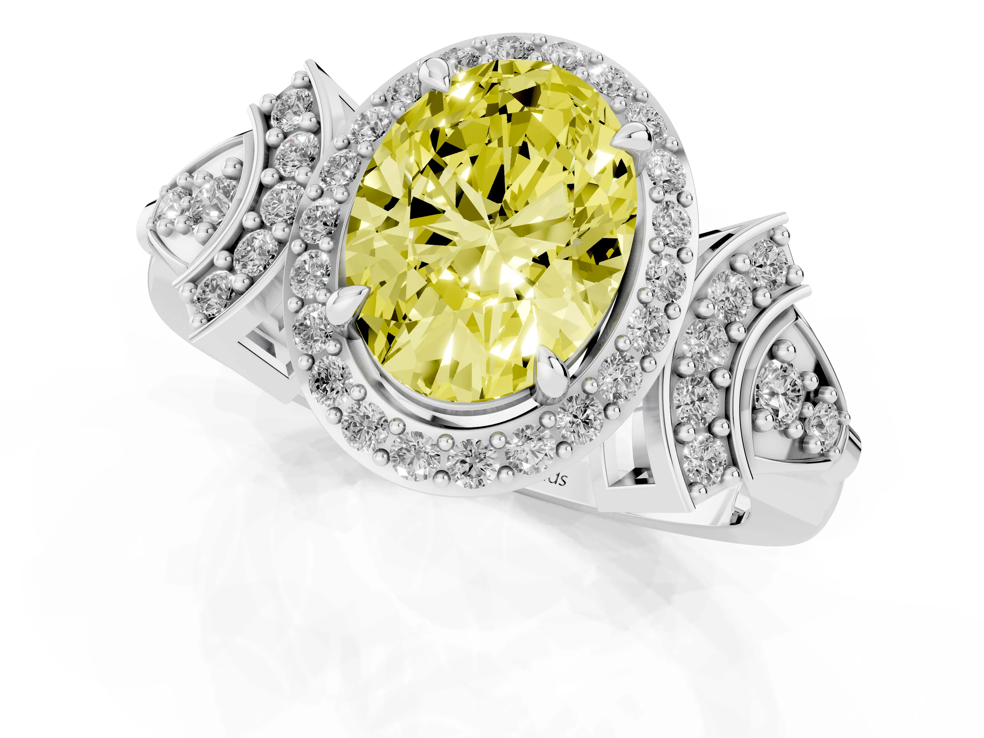 Fancy Yellow Oval Cut Diamond Halo Engagement Ring Set in Platinum with Accent Stone Split Shank
