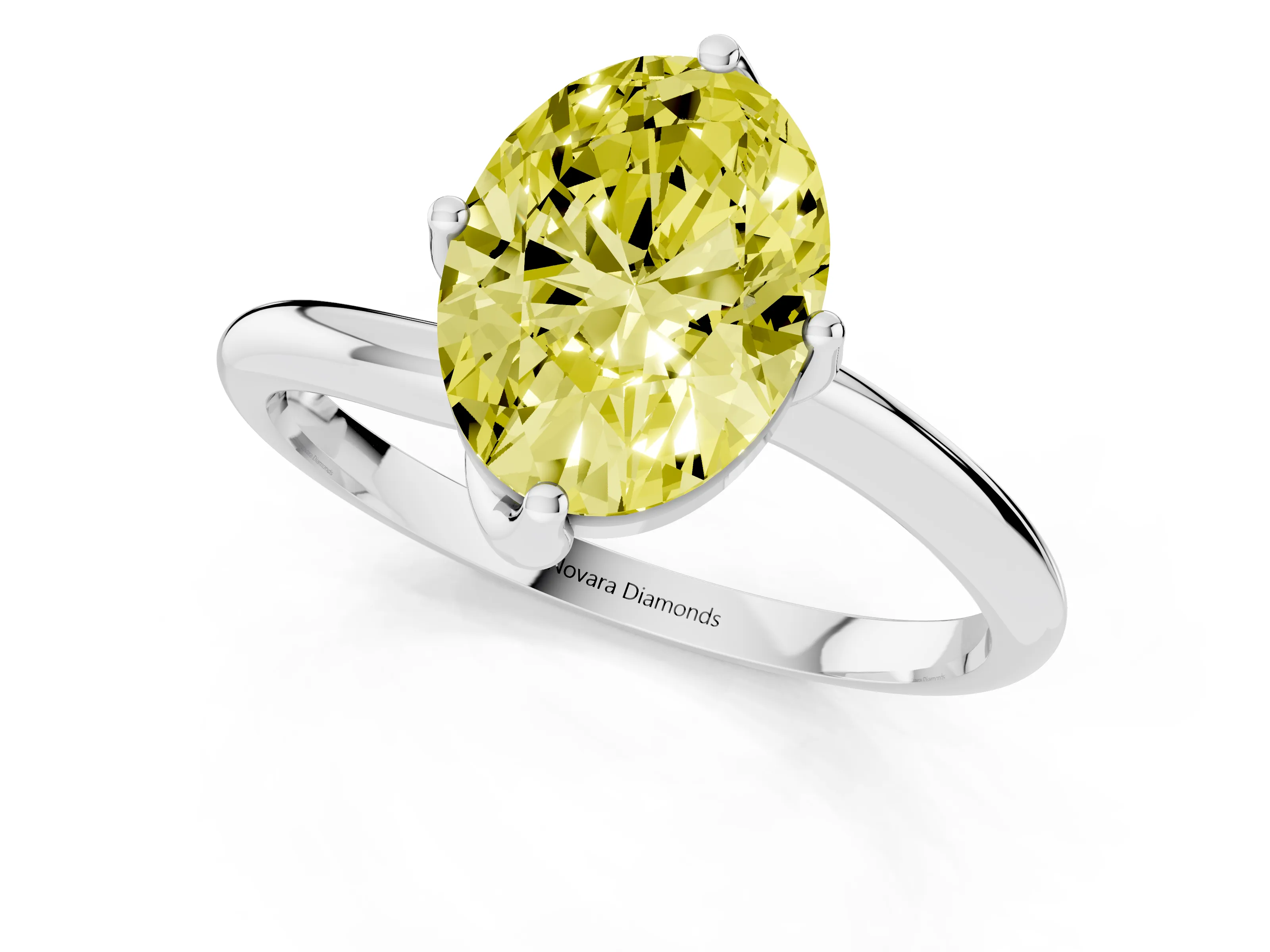 Fancy Yellow Oval Cut Diamond Solitaire Engagement Ring Set in Silver with Classic Plain Band