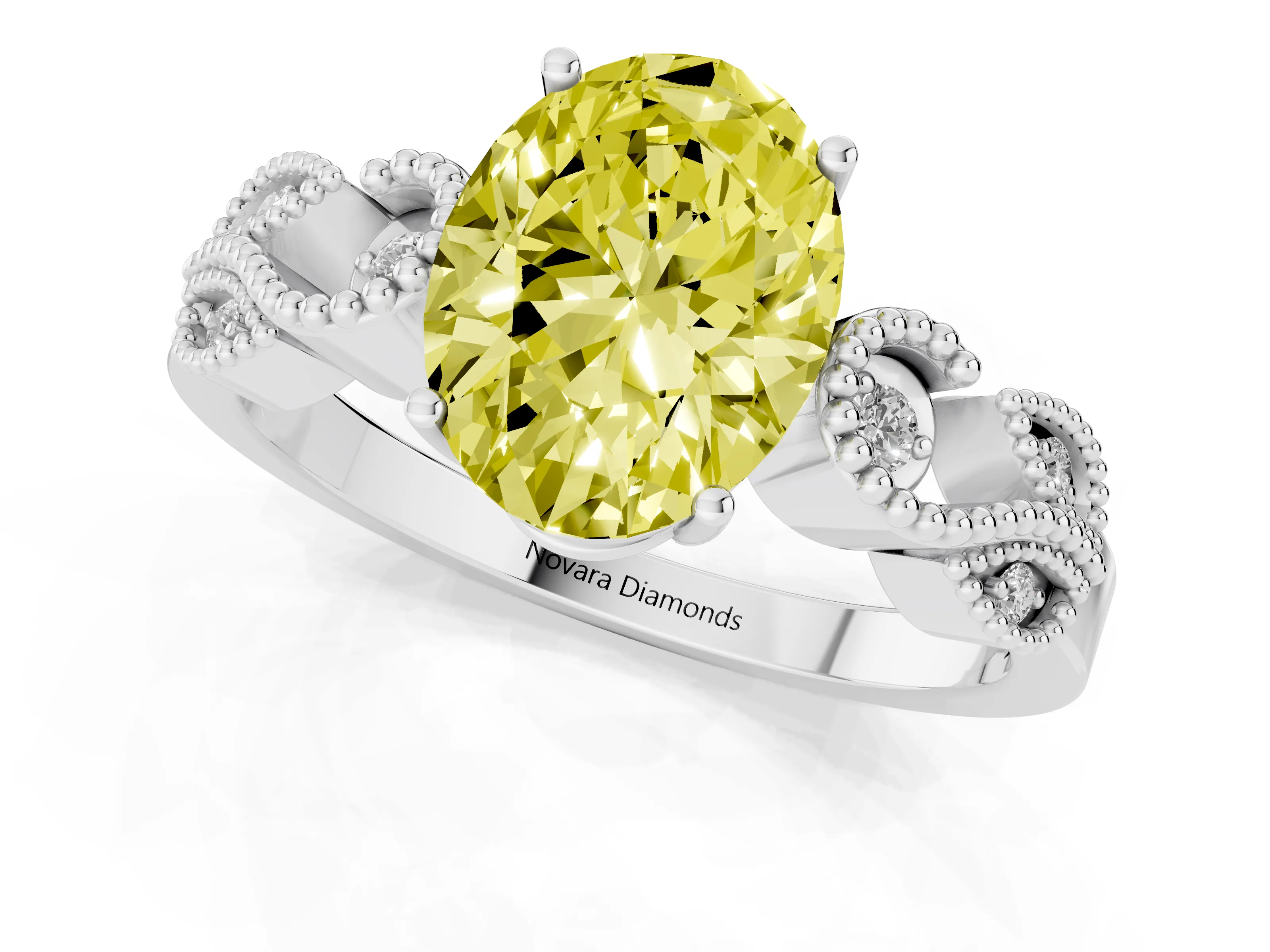 Fancy Yellow Oval Cut Diamond Milgrain Leaf Band Solitaire Ring Set in White gold with Accent Stones and Prong Setting