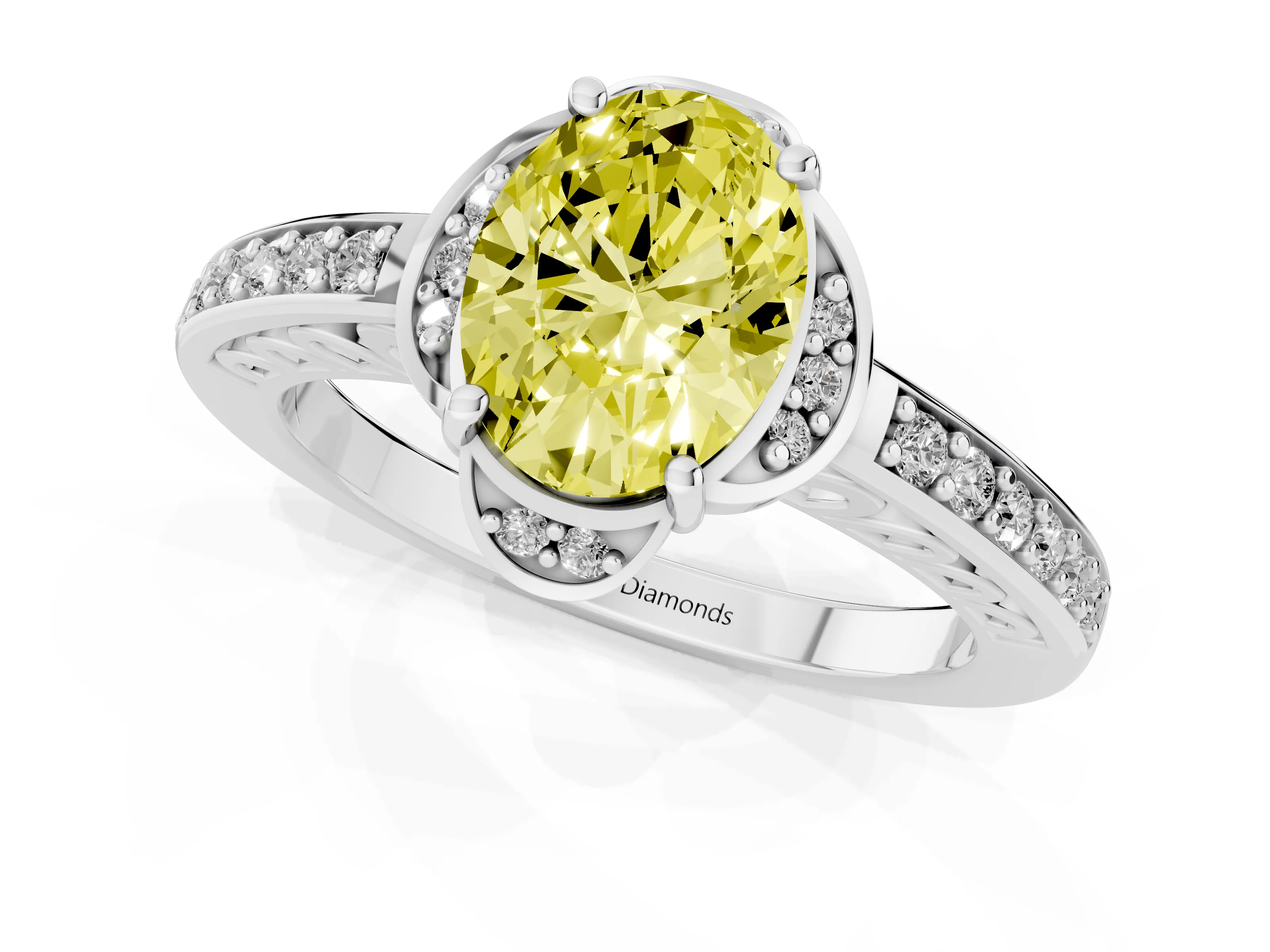 Fancy Yellow Oval Cut Diamond Halo Ring Set in Silver with Channel Set Band and Prong Setting