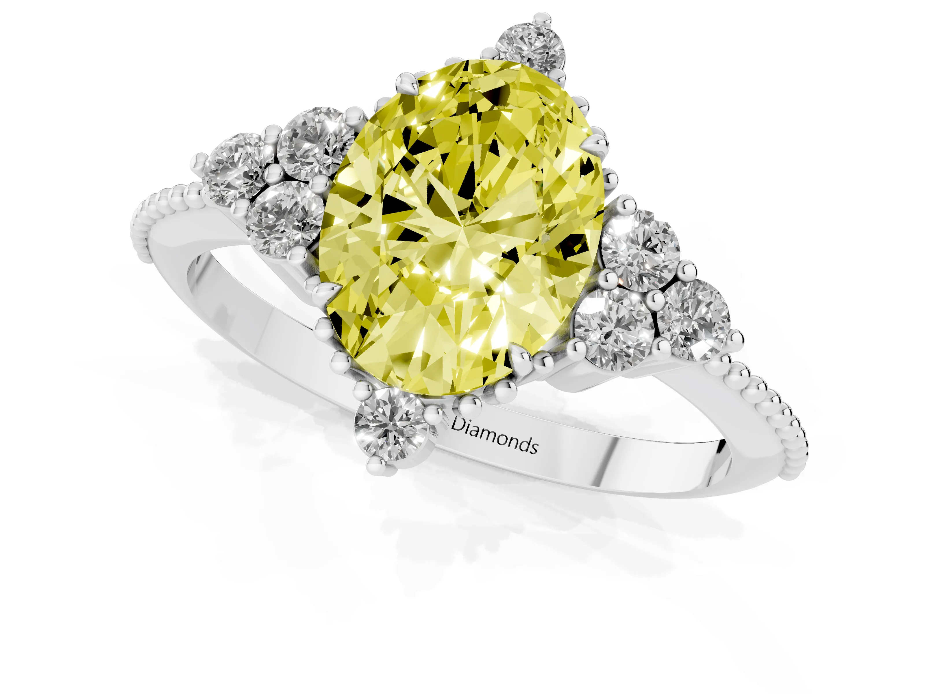 Fancy Yellow Oval Cut Diamond Cluster Ring Set in Silver with Beaded Band
