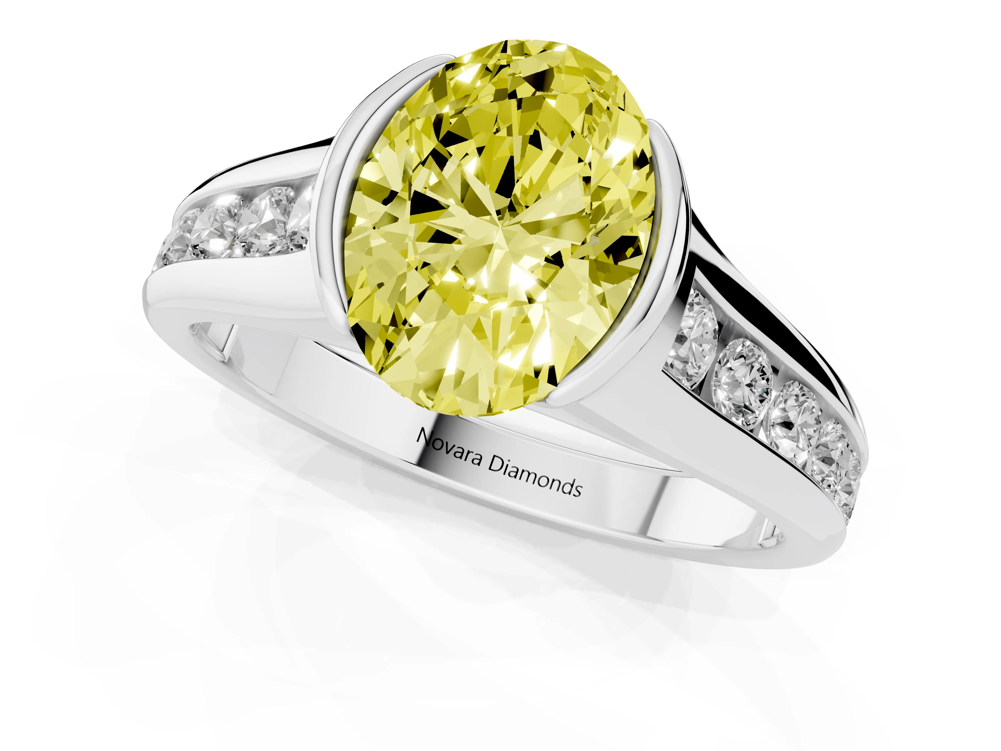 Fancy Yellow Oval Cut Diamond Bezel-Set Solitaire Ring Set in Silver with Channel-Set Band