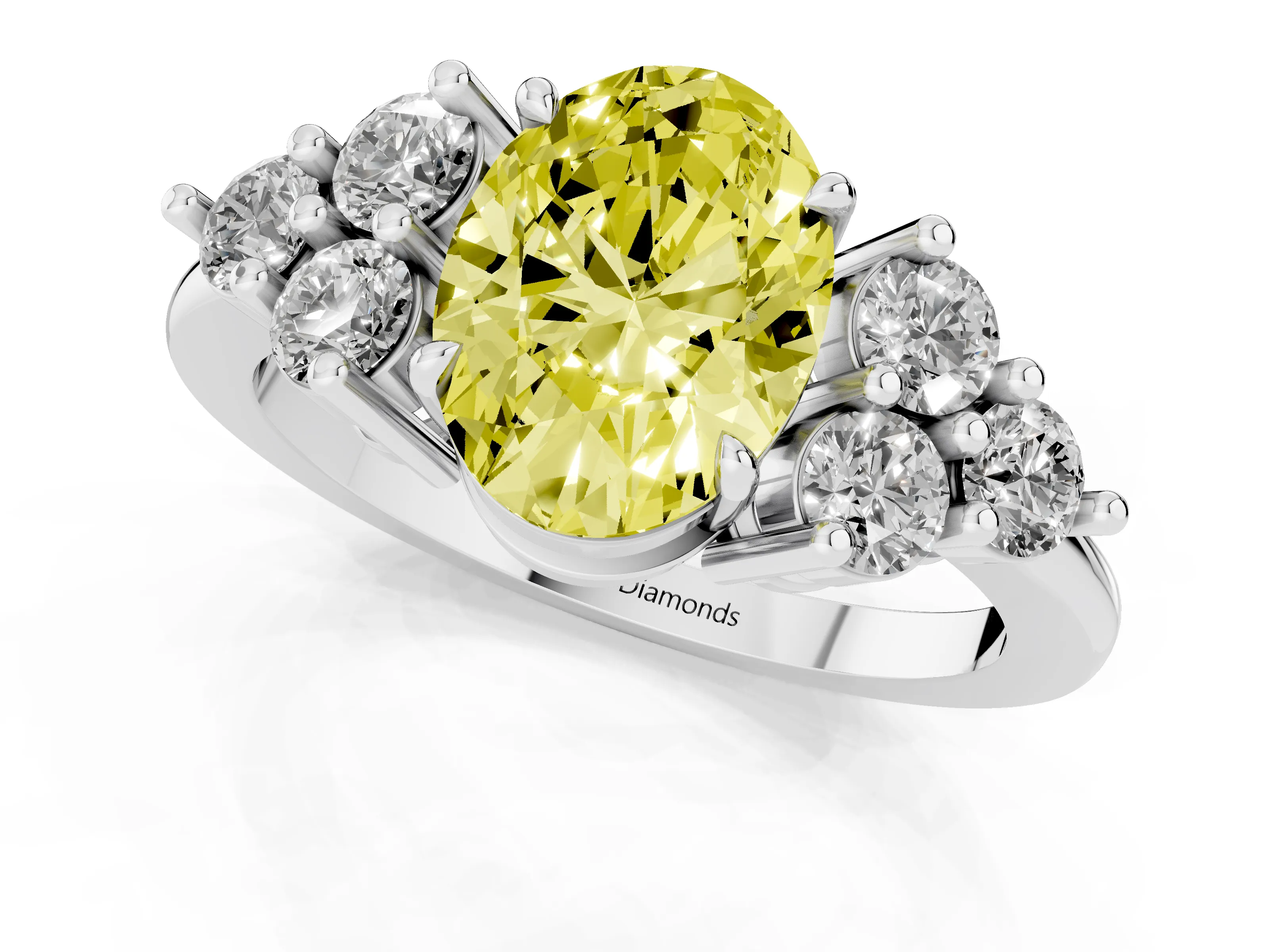 Fancy Yellow Oval Cut Diamond Solitaire Ring Set in Silver with Cluster Accents on Each Side