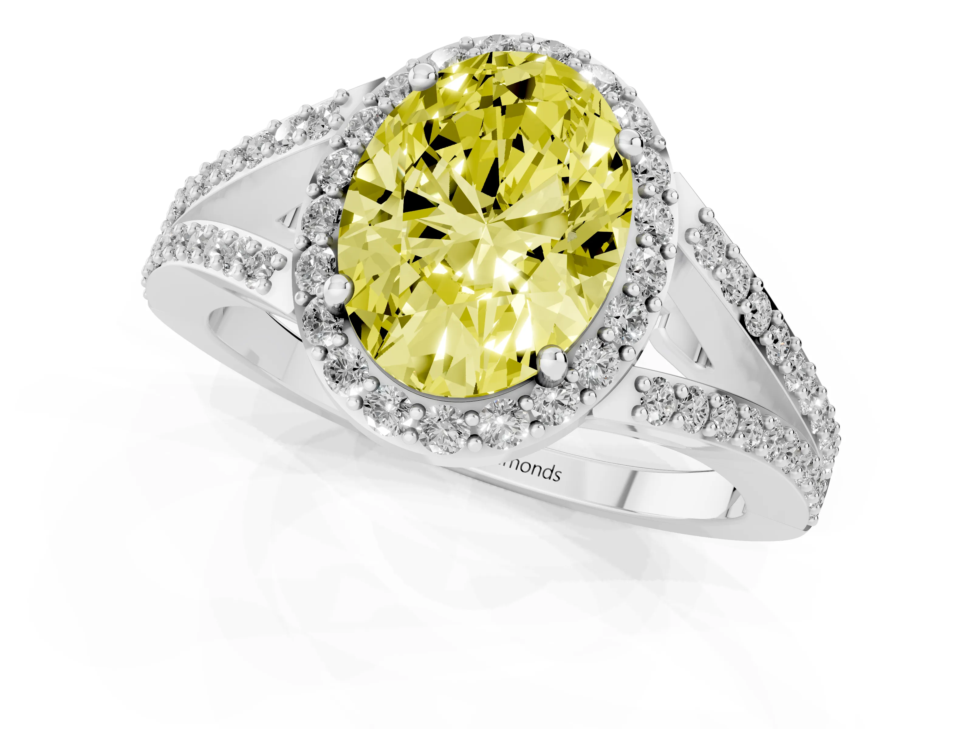 Fancy Yellow Oval Cut Diamond Halo Split Shank Ring Set in White gold with Accent Stones and Prong Setting