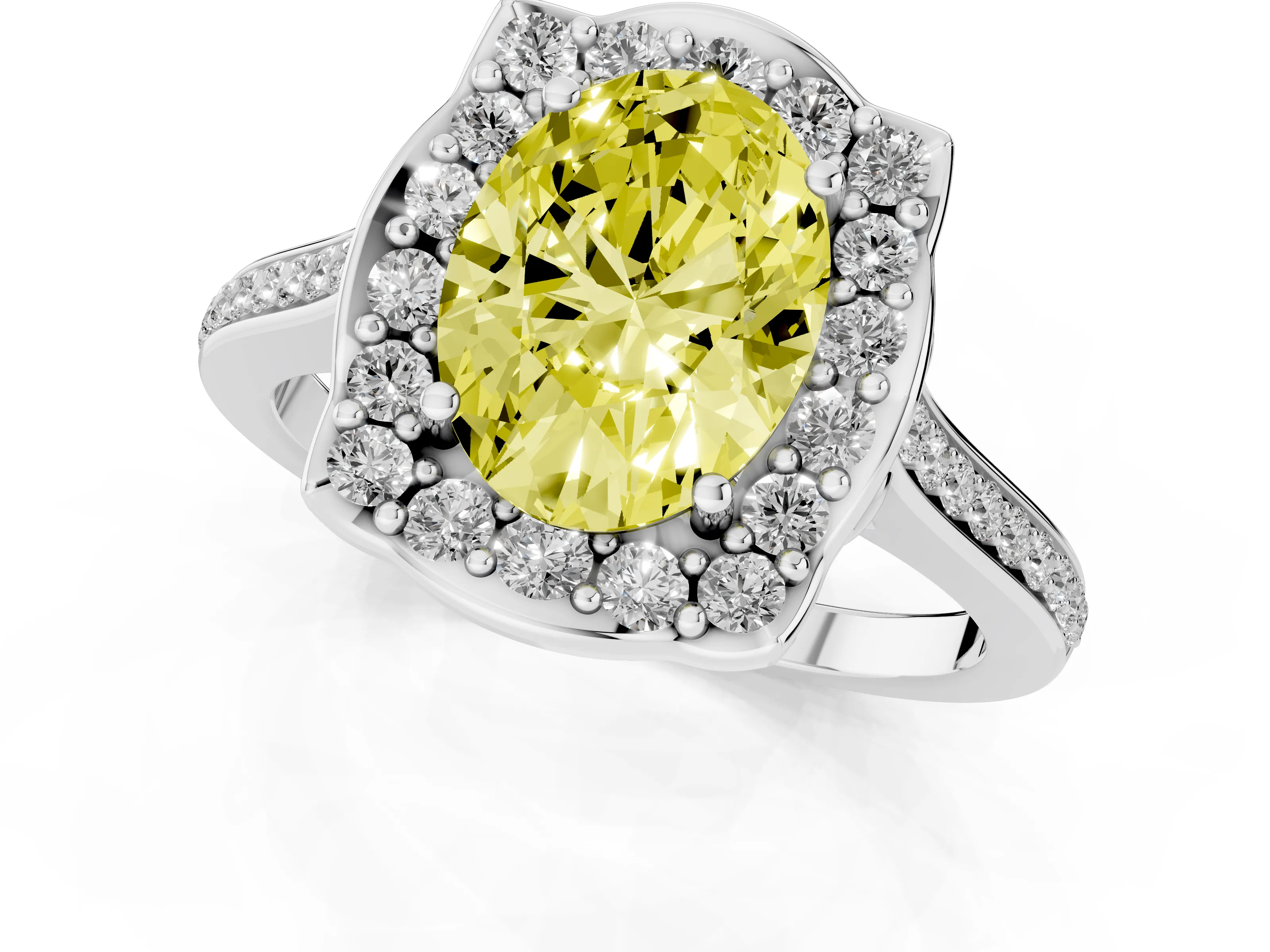 Fancy Yellow Oval Cut Diamond Halo Ring Set in Platinum with Pavé-Lined Shoulders and Prong Setting
