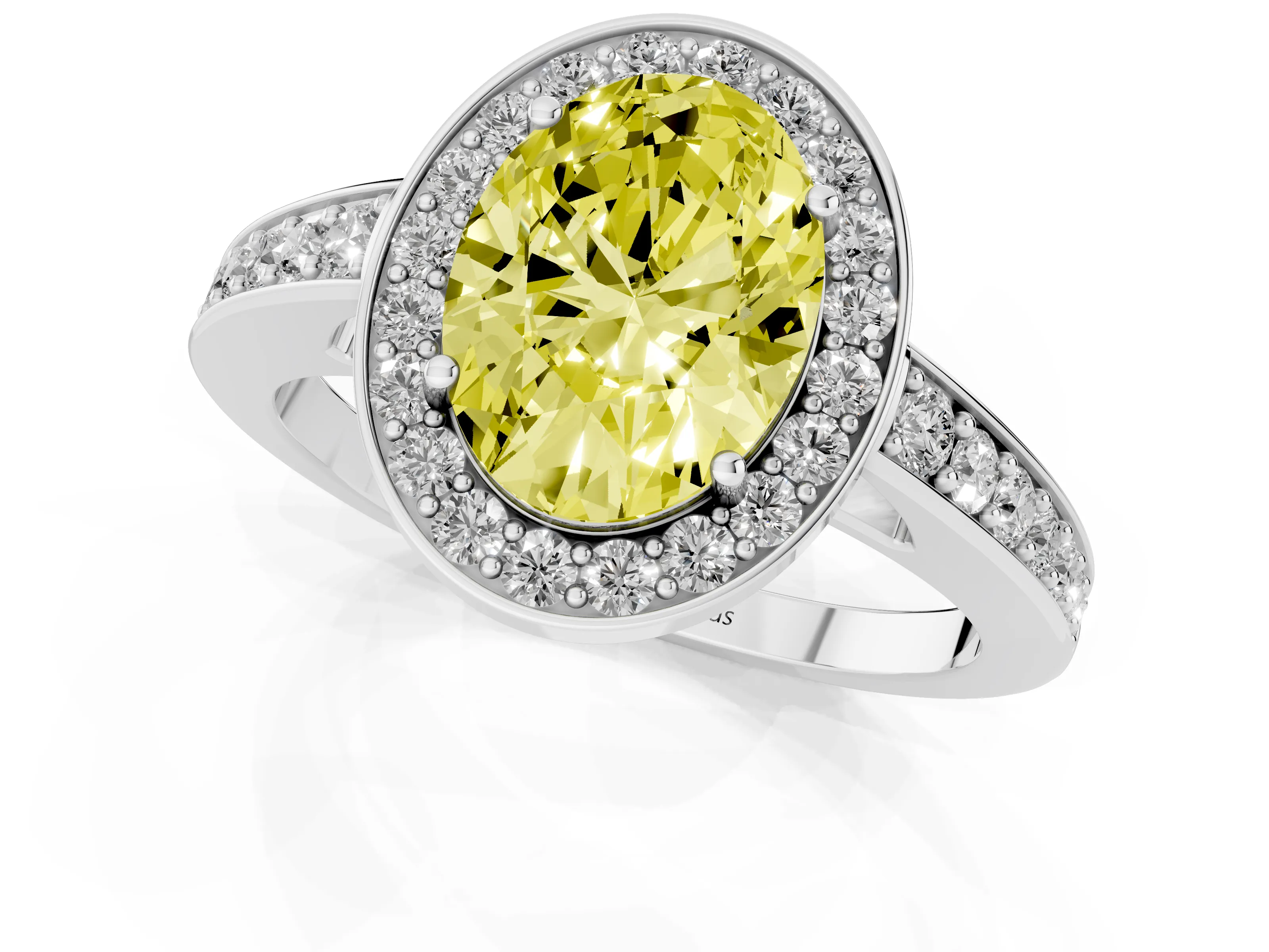 Fancy Yellow Oval Cut Diamond Halo Pavé Engagement Ring Set in Silver with Bezel Setting