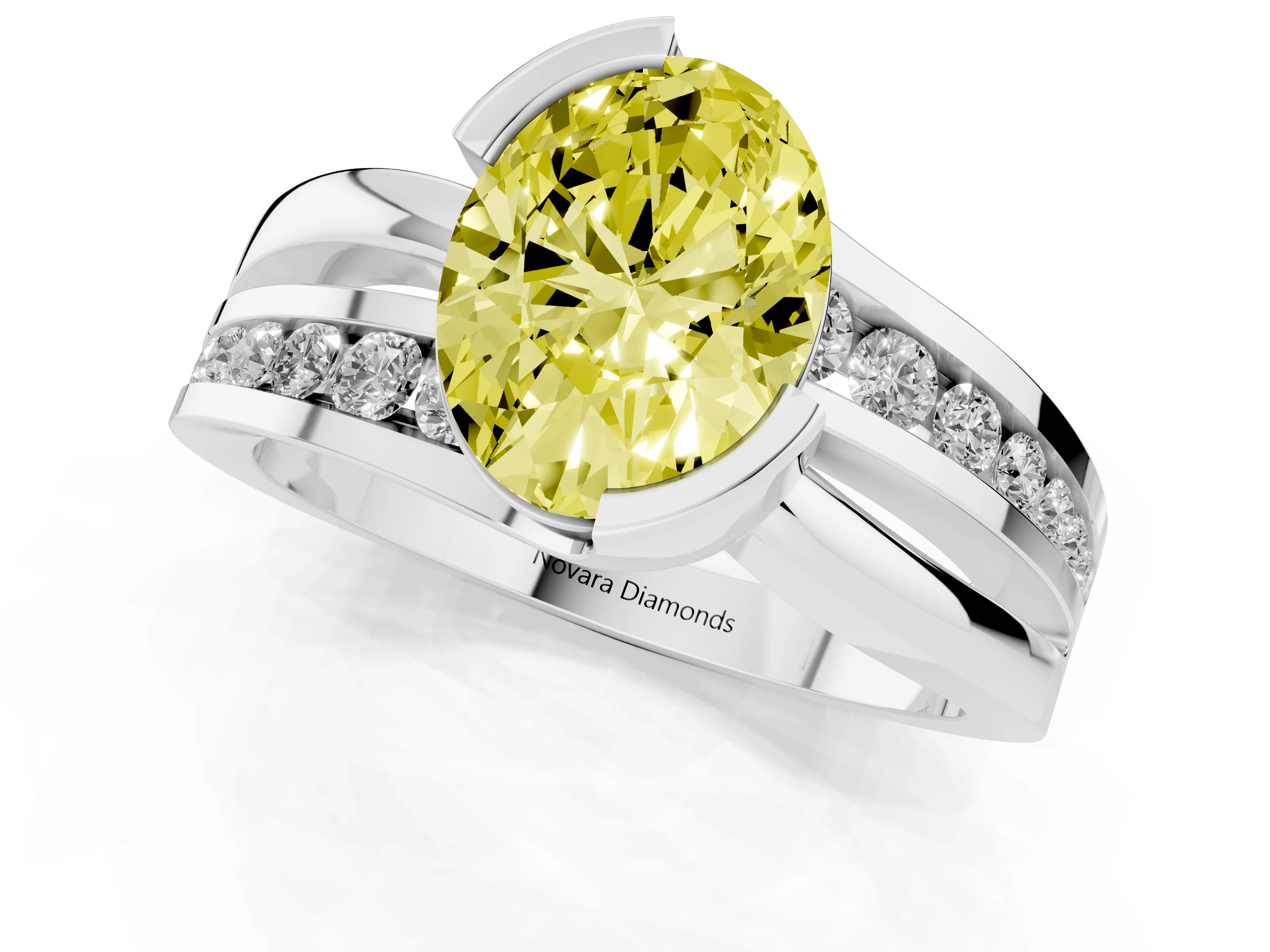 Fancy Yellow Oval Cut Diamond Solitaire Ring Set in Platinum with Channel Set Split Shank and Tension Prongs