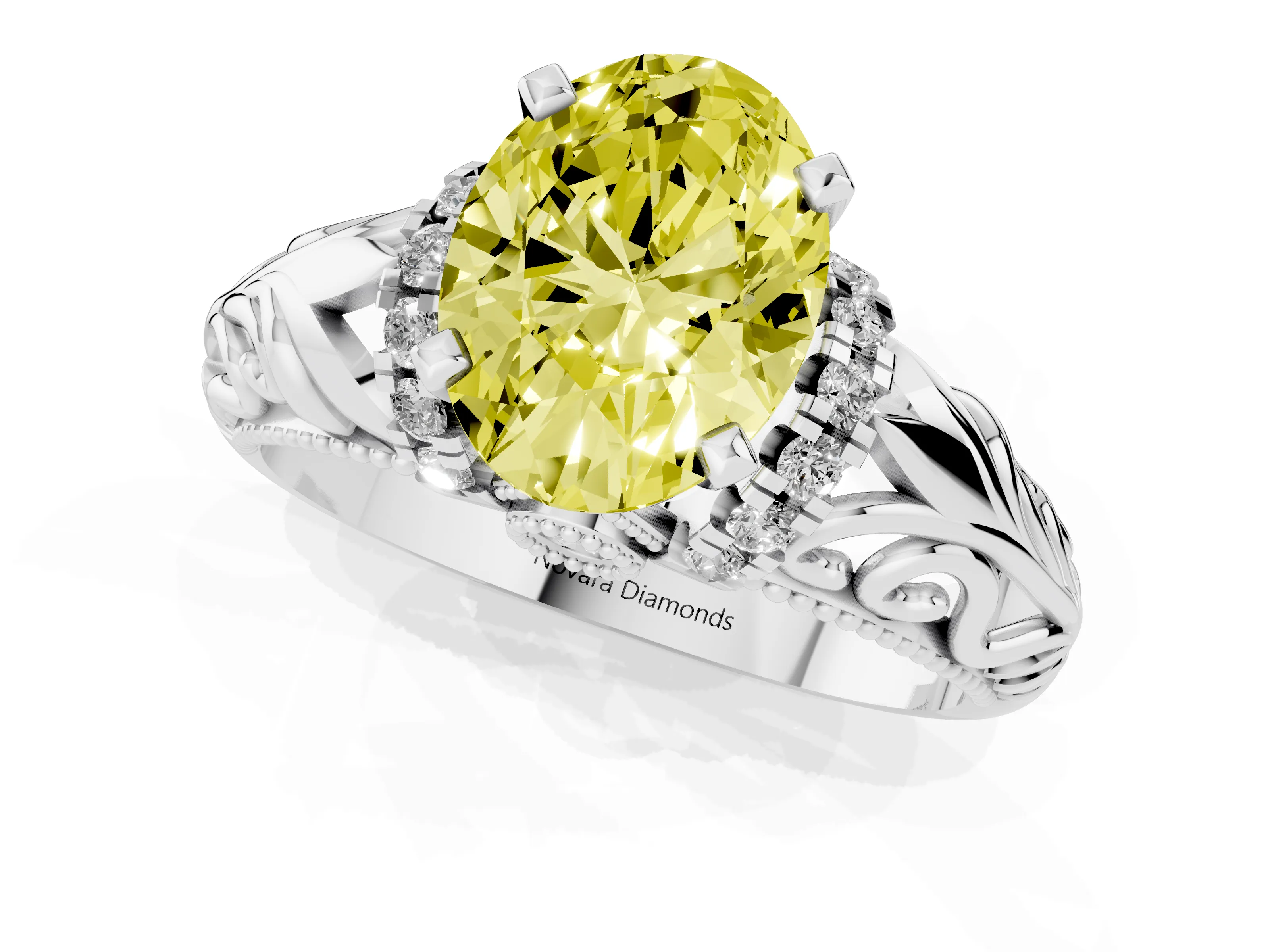 Fancy Yellow Oval Cut Diamond Filigree Halo Engagement Ring Set in Platinum with Prong Setting