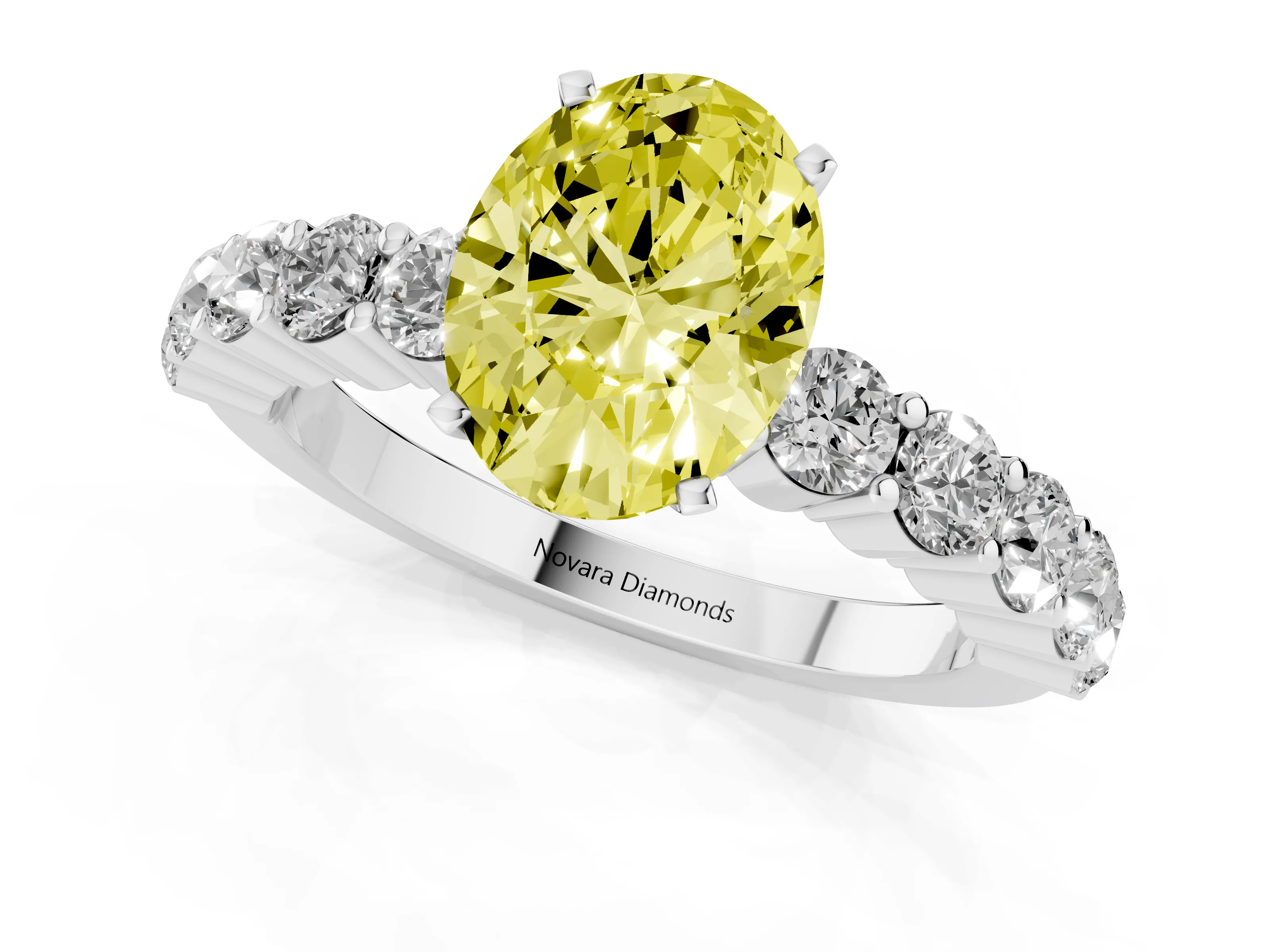 Fancy Yellow Oval Cut Diamond Solitaire Ring Set in Platinum with Shared Prong Round Side Stones