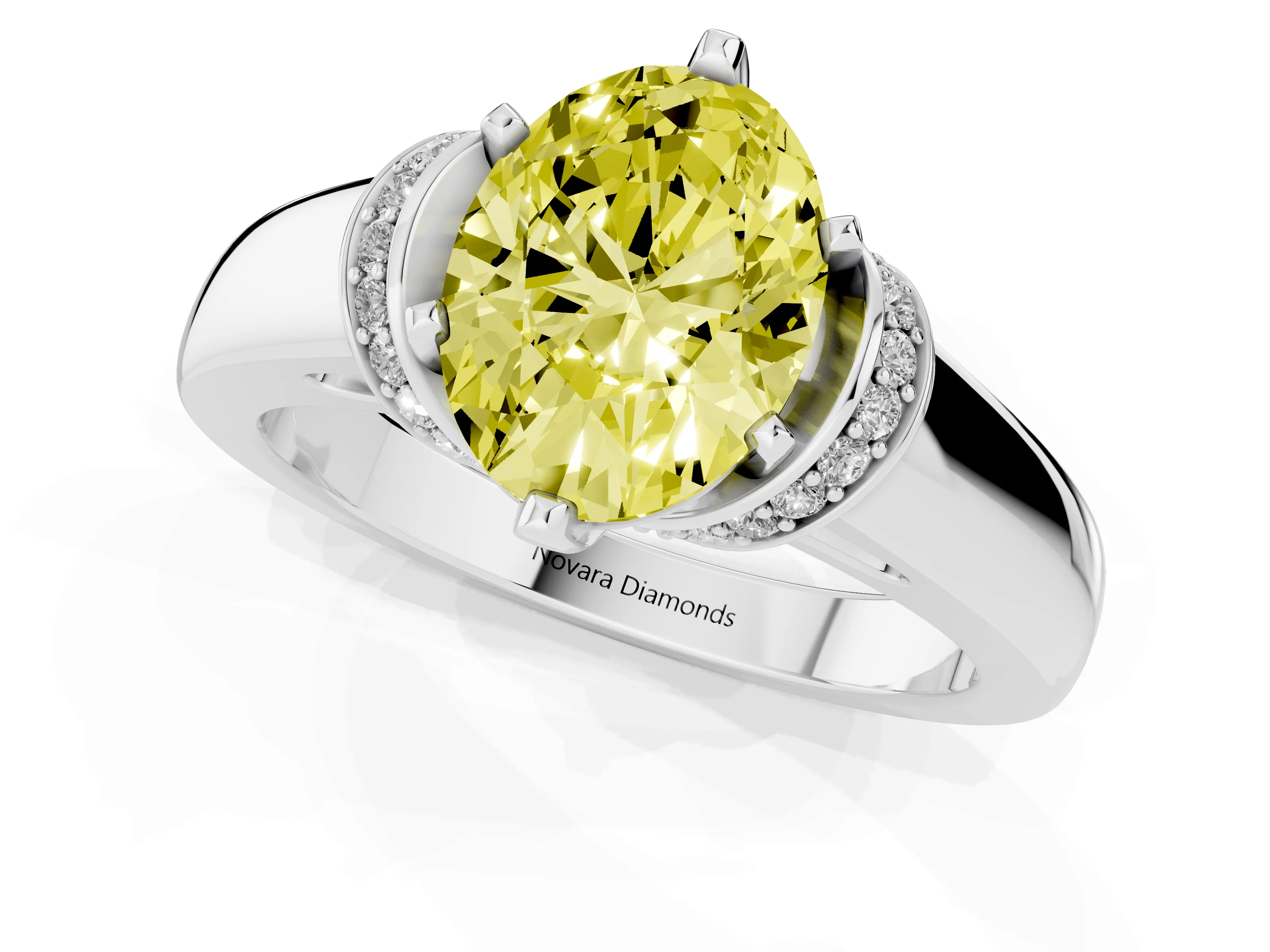 Fancy Yellow Oval Cut Diamond Pavé Band Solitaire Ring Set in Silver with Prong Setting