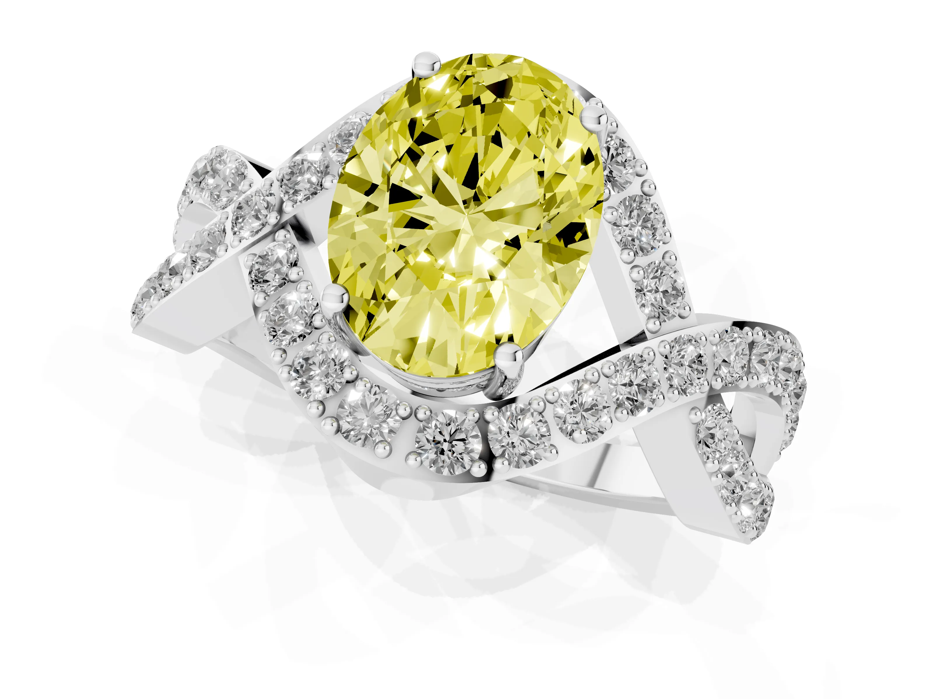 Fancy Yellow Oval Cut Diamond Solitaire Twist Band Pavé Engagement Ring Set in Platinum